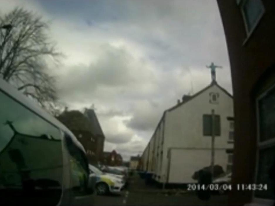 Footage from Staffordshire Police of a person who fell off a roof and began fighting police after allegedly taking monkey dust