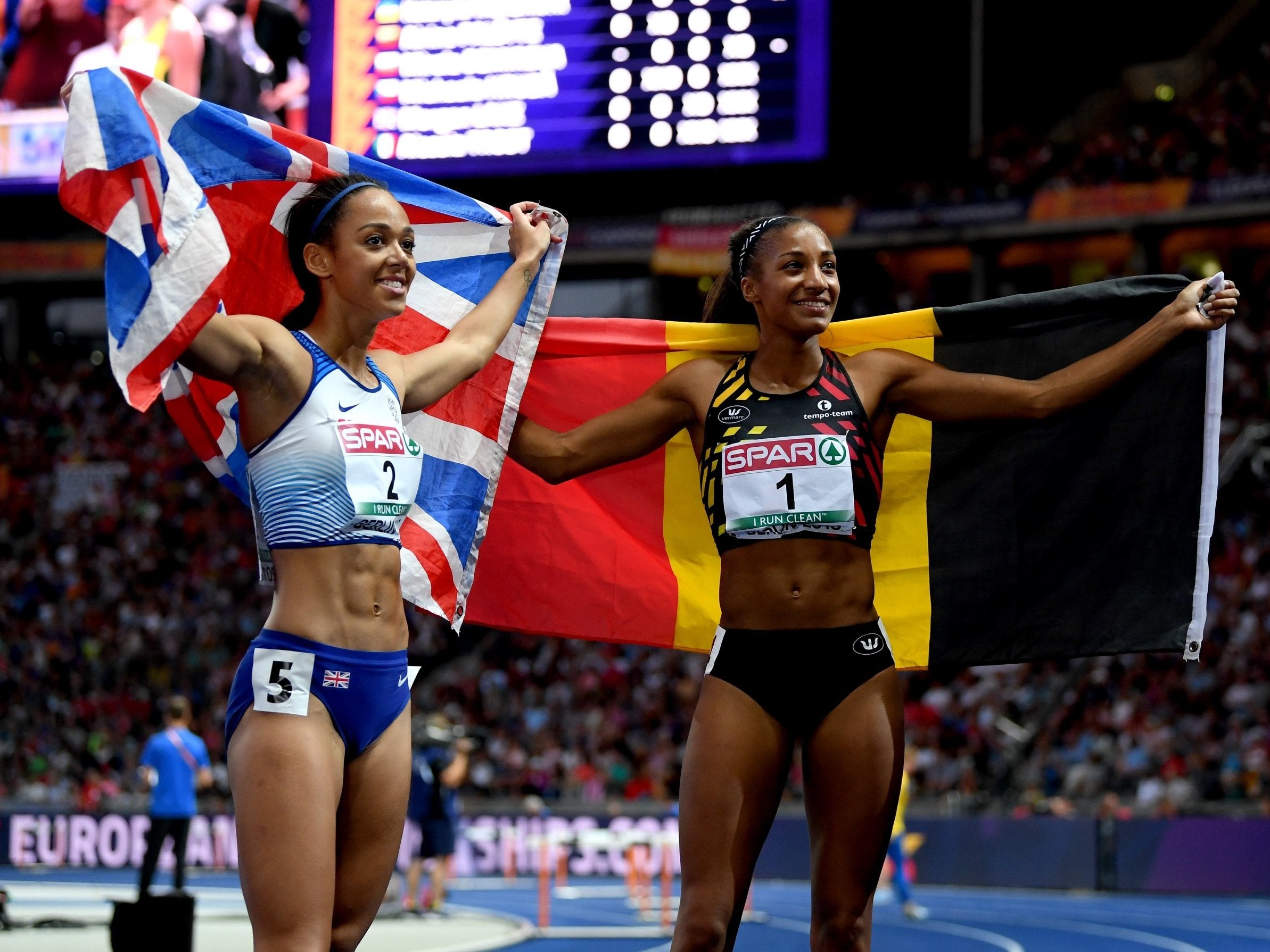 Johnson-Thompson and Nafi Thiam celebrate their medals at the European Championships (Getty)