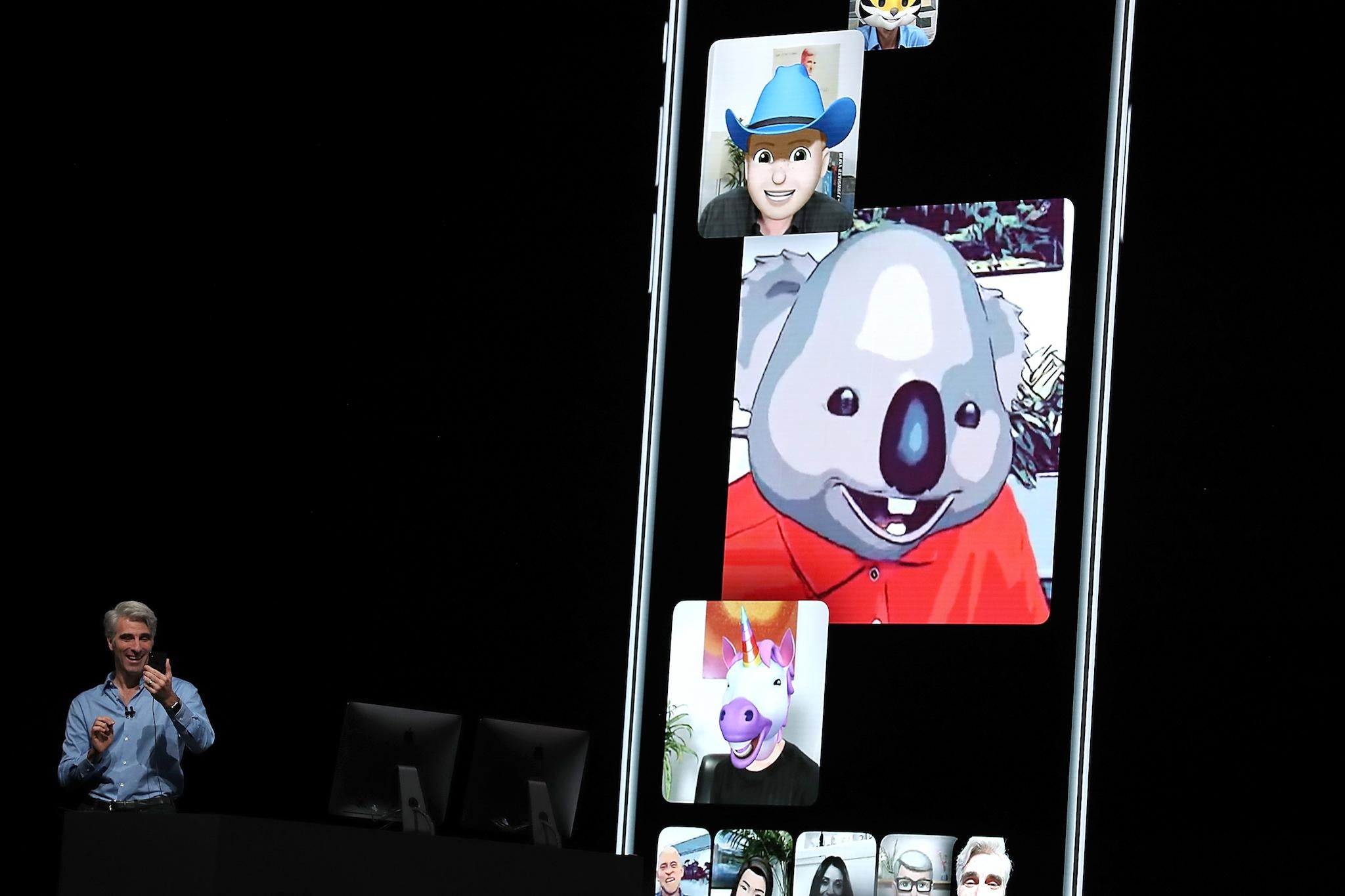 Apple's senior vice president of Software Engineering Craig Federighi demonstrates group FaceTime as he speaks during the 2018 Apple Worldwide Developer Conference (WWDC) at the San Jose Convention Center