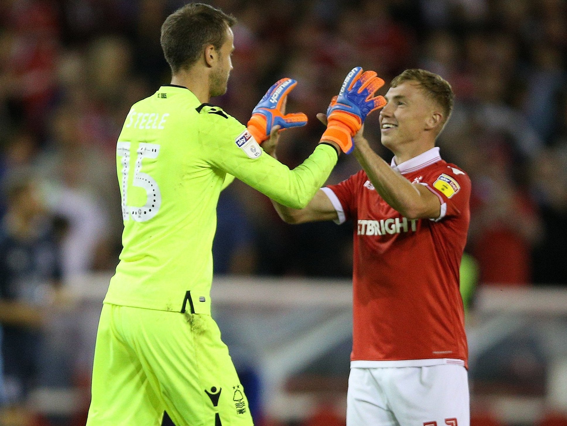 Nottingham Forest's Luke Steele celebrates with Ben Osborn after their victory over Bury