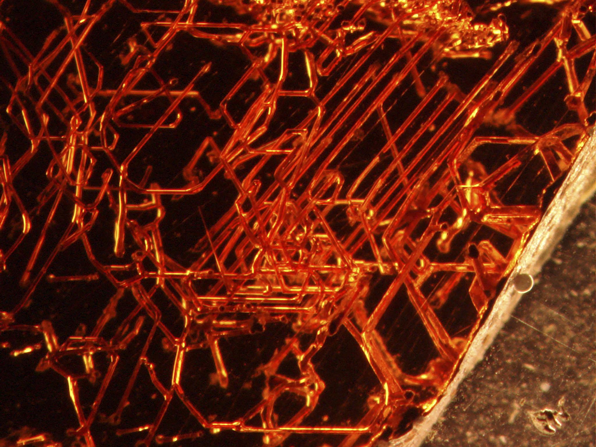 Microscopic tubular structures found within a red garnet crystal - the deep red gems have long been found marred with internal markings