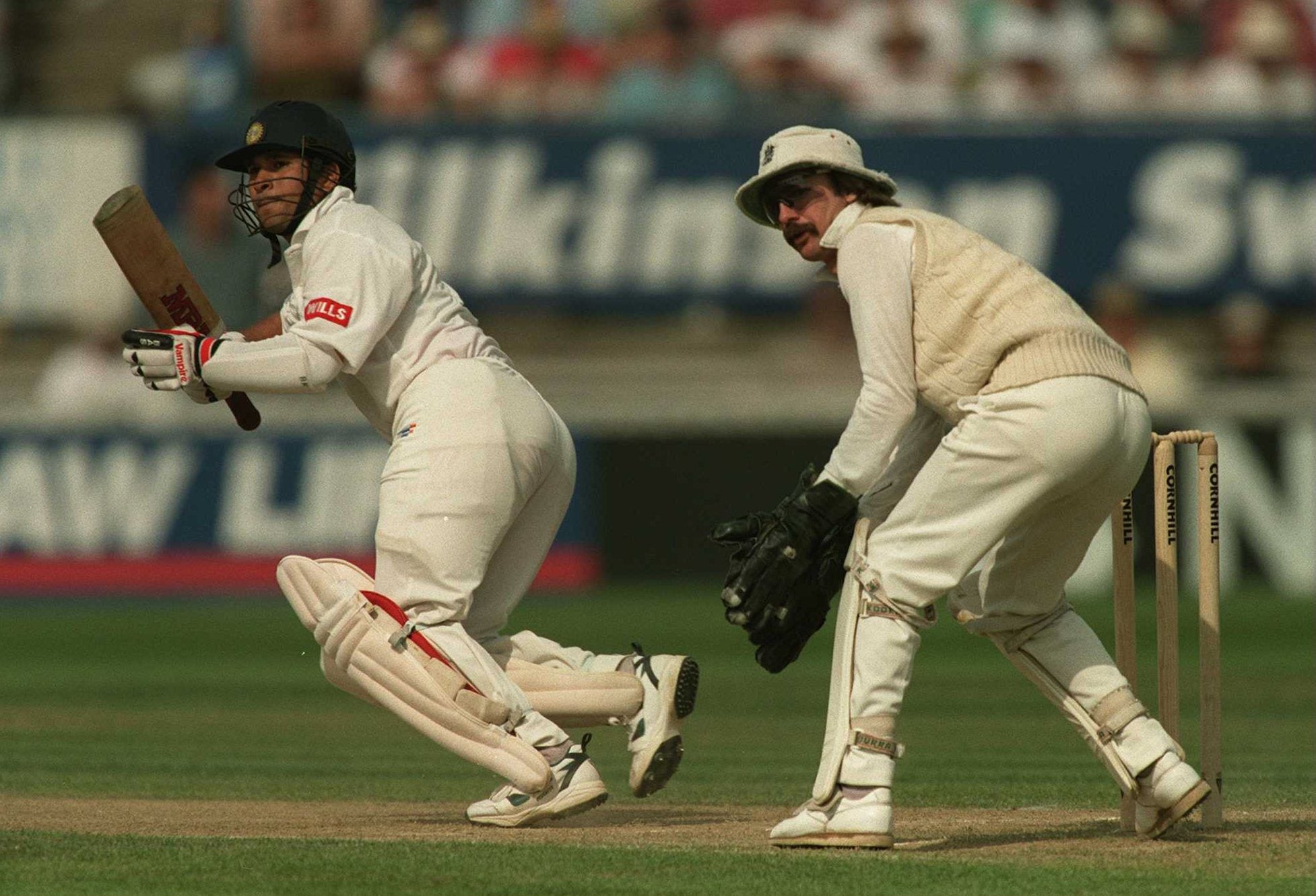 8 June 1996: Sachin Tendulkar on his way to a century against England with Jack Russell looking on