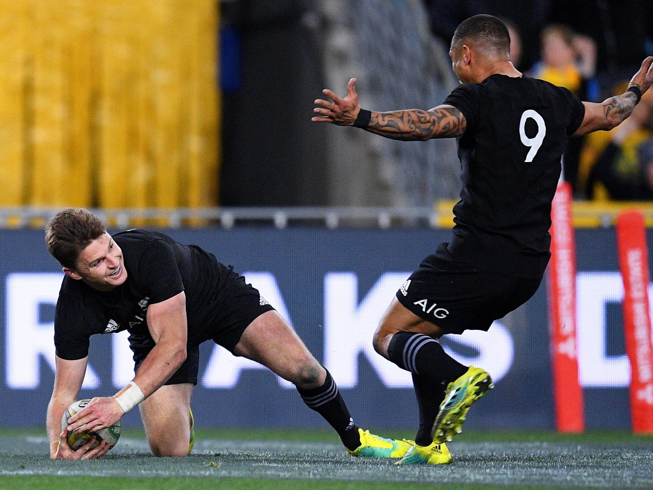 Beauden Barrett celebrates celebrates his second-half try