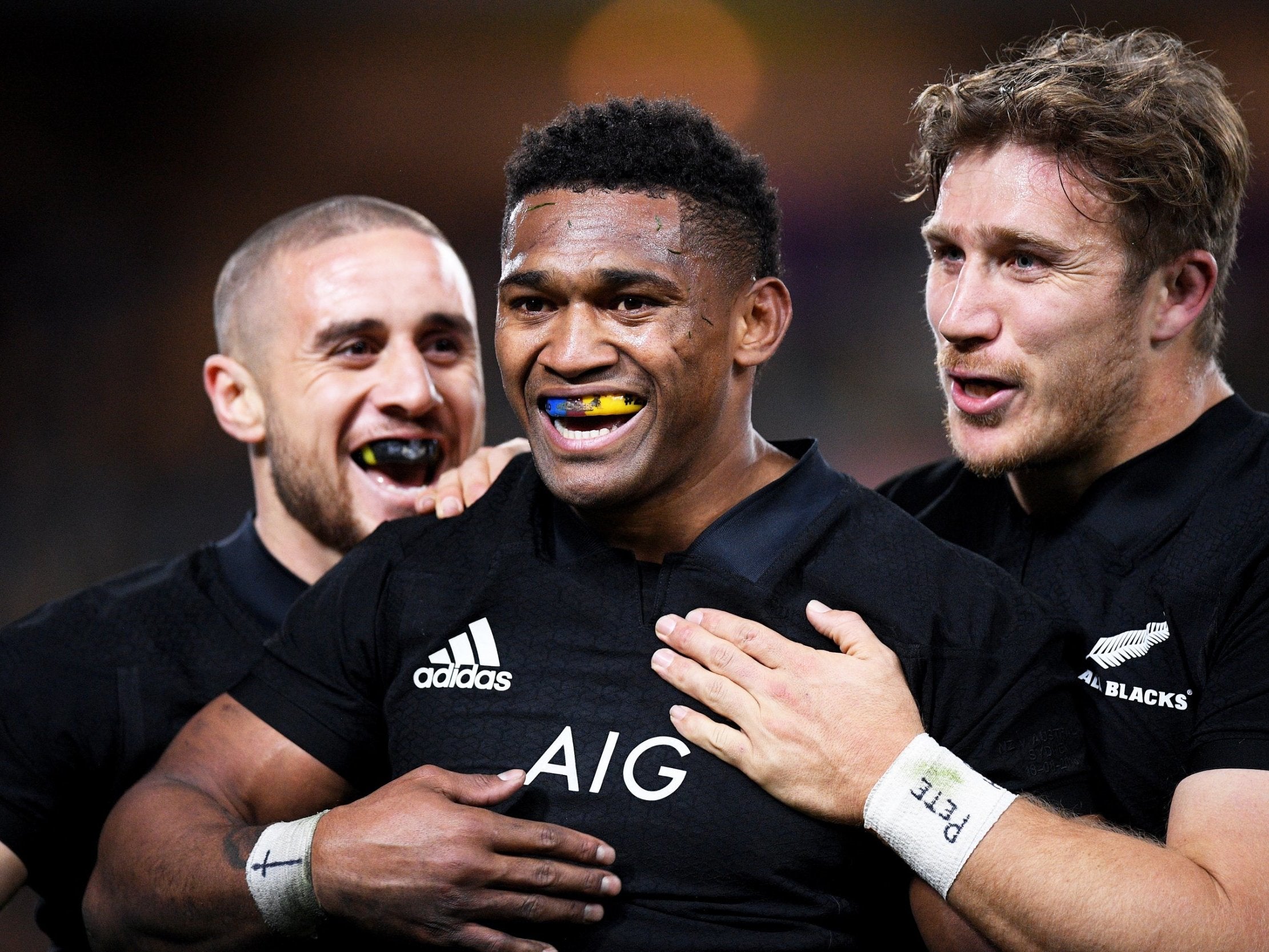 Waisake Naholo celebrates after scoring his second try of the match