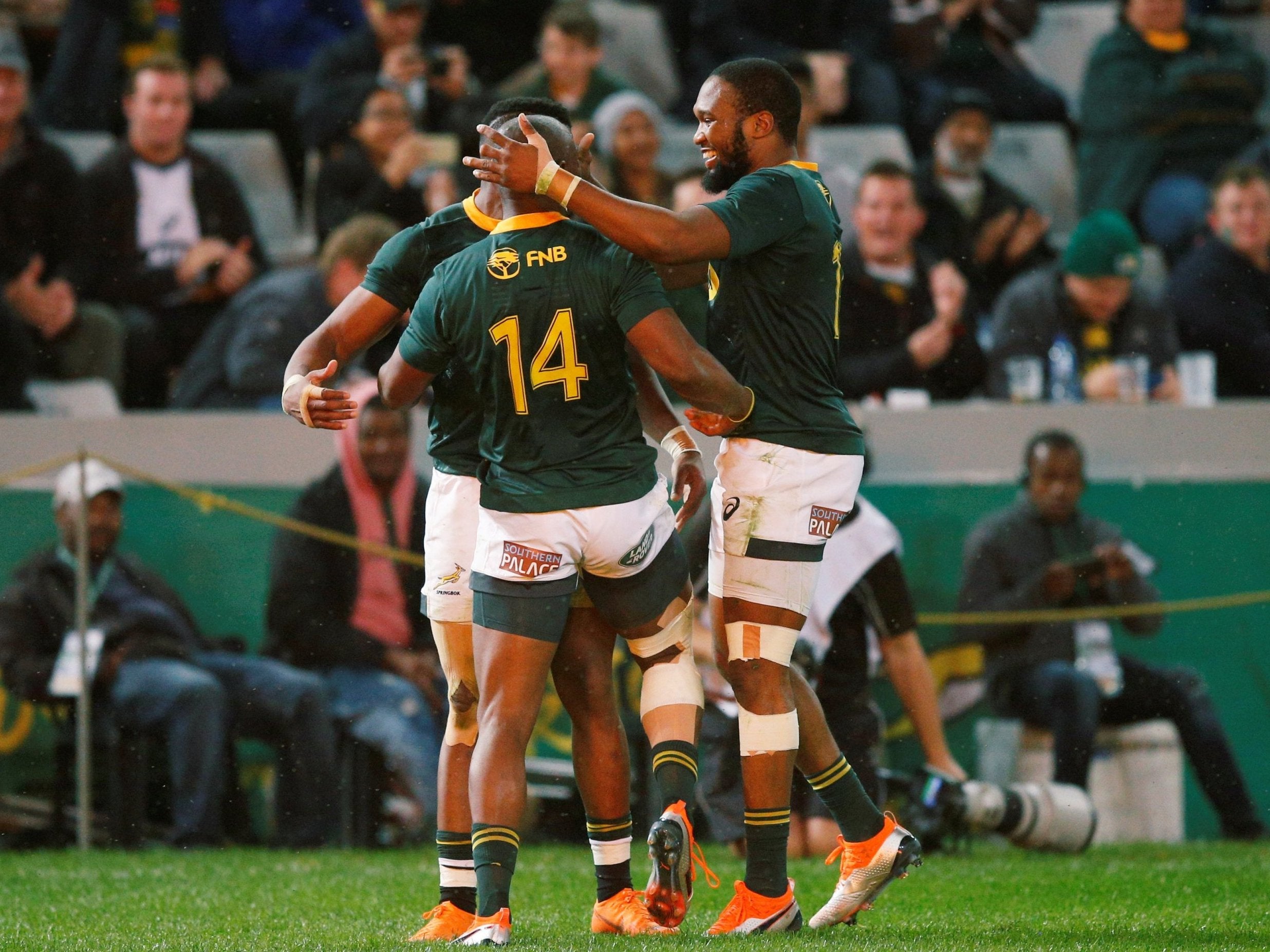 South Africa's Makazole Mapimpi celebrates scoring a try against Argentina