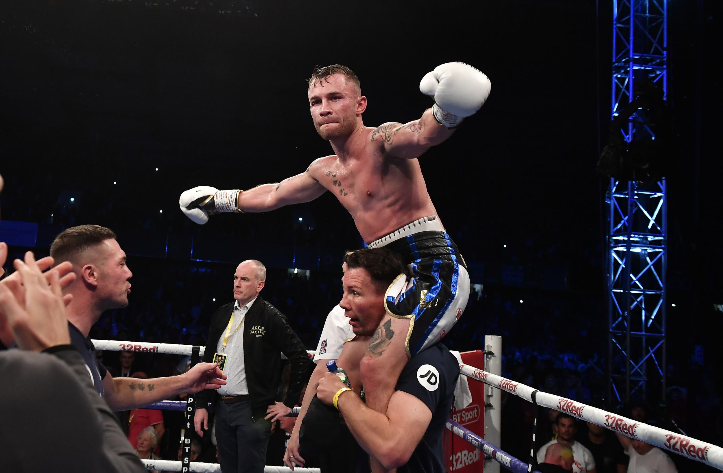 Carl Frampton celebrates his stoppage victory over Luke Jackson