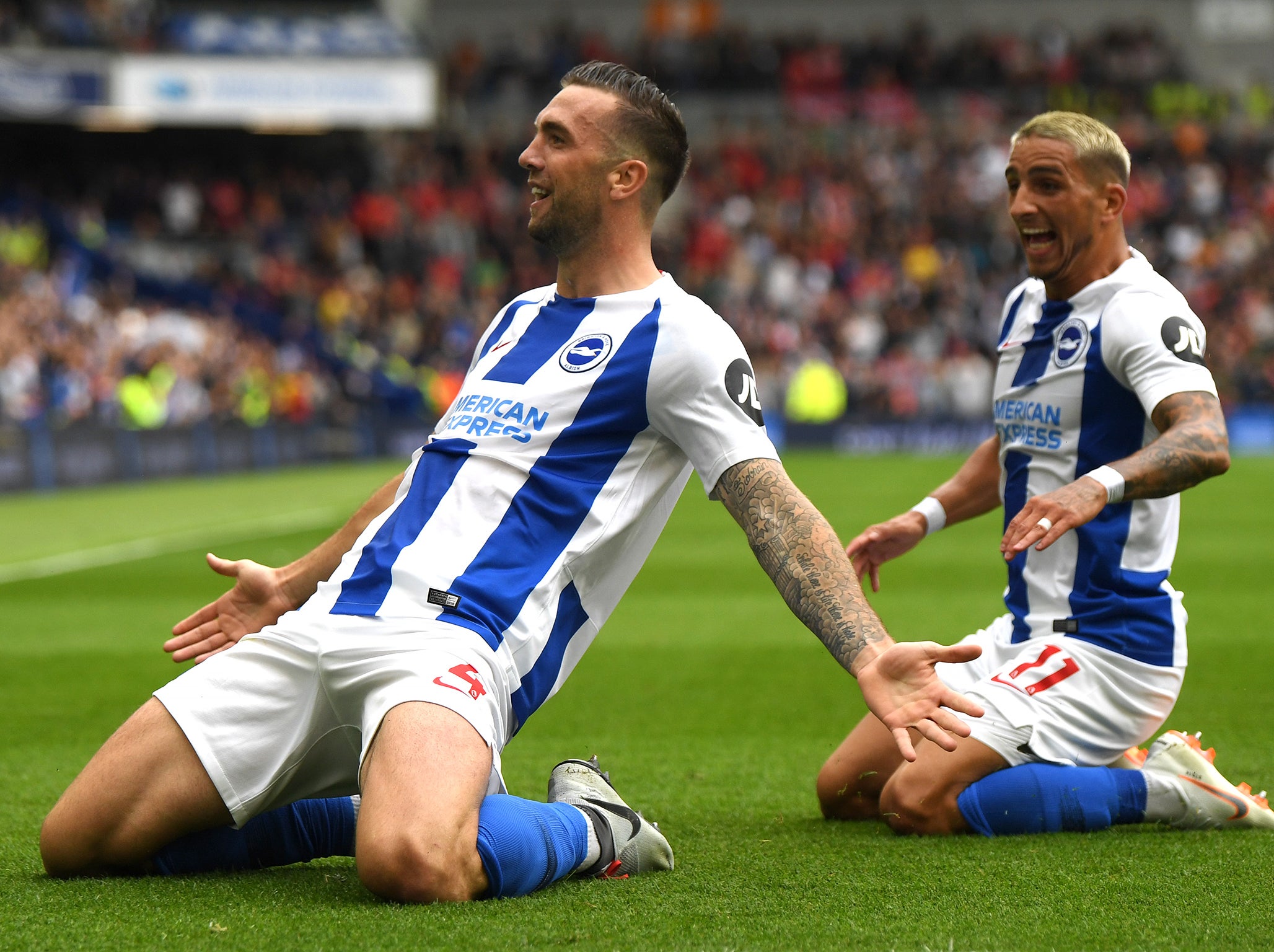 Shane Duffy celebrates scoring Brighton's second