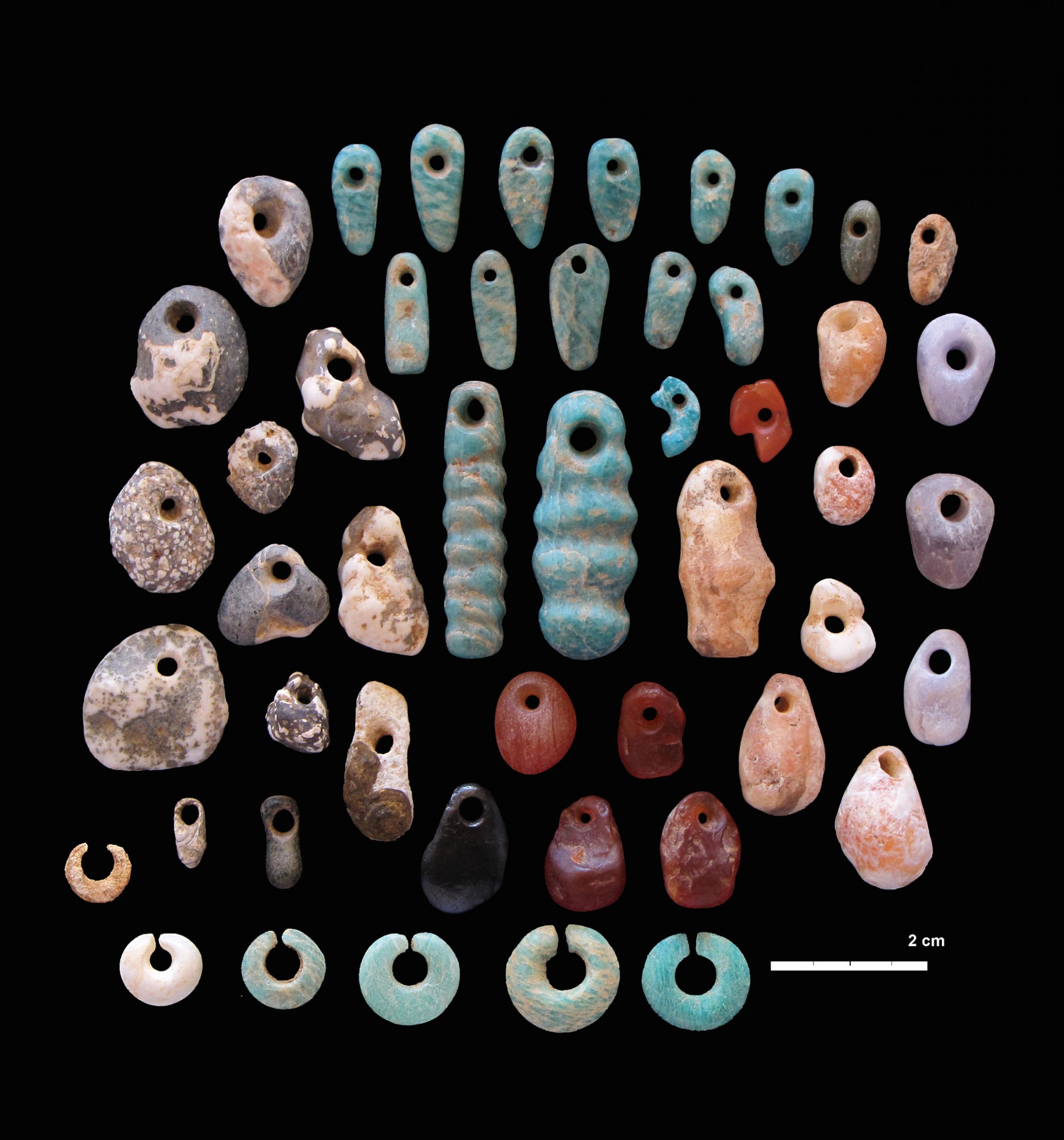 Stone pendants and earrings from the communal cemetery of Lothagam North, Kenya