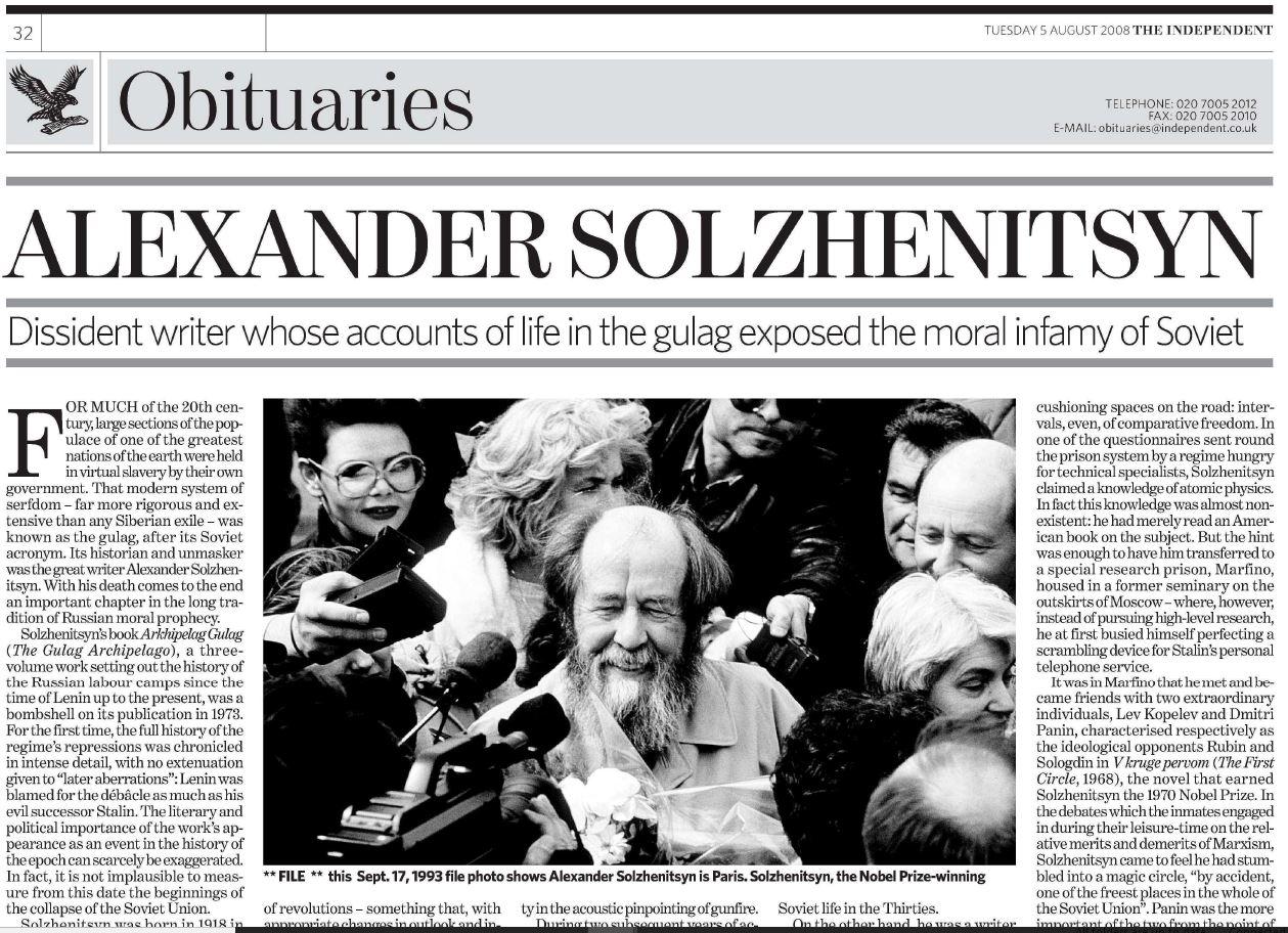 The Independent’s Obituaries page, 5 August 2008