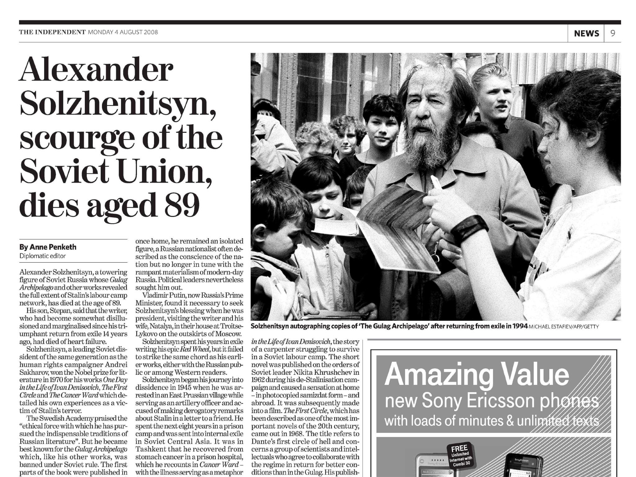 The Independent reports the Russian author’s death in its edition of 4 August 2008