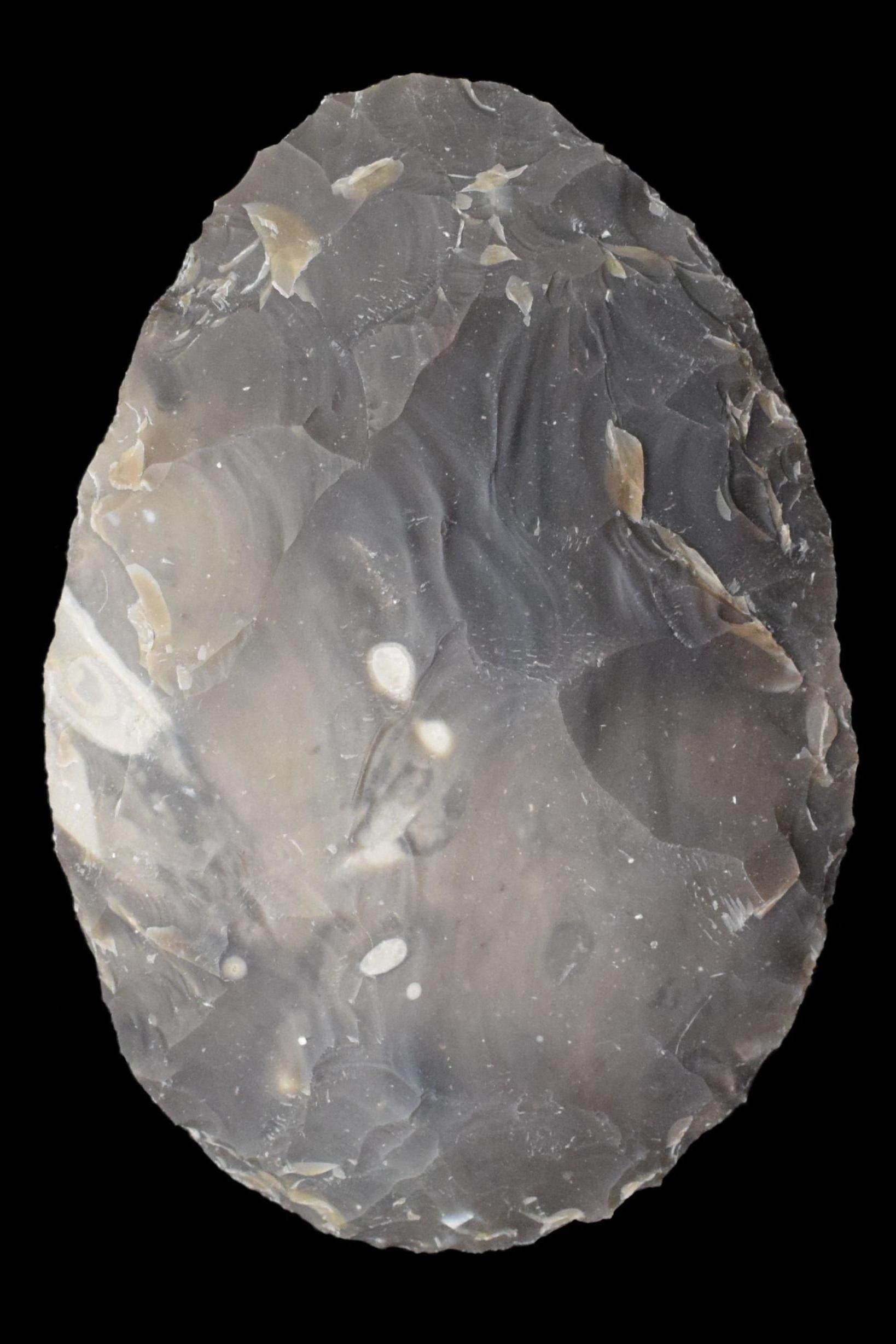 One of the modern replica handaxes – based on the prehistoric Boxgrove ones – made by modern flint knappers as part of the University of Kent's research into prehistoric manual dexterity