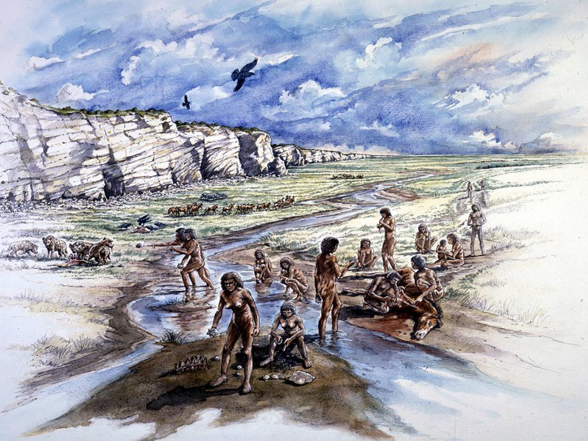 Artist's impression of Boxgrove half a million years ago. It depicts a group of pre-Neanderthal humans – including a woman making a flint tool