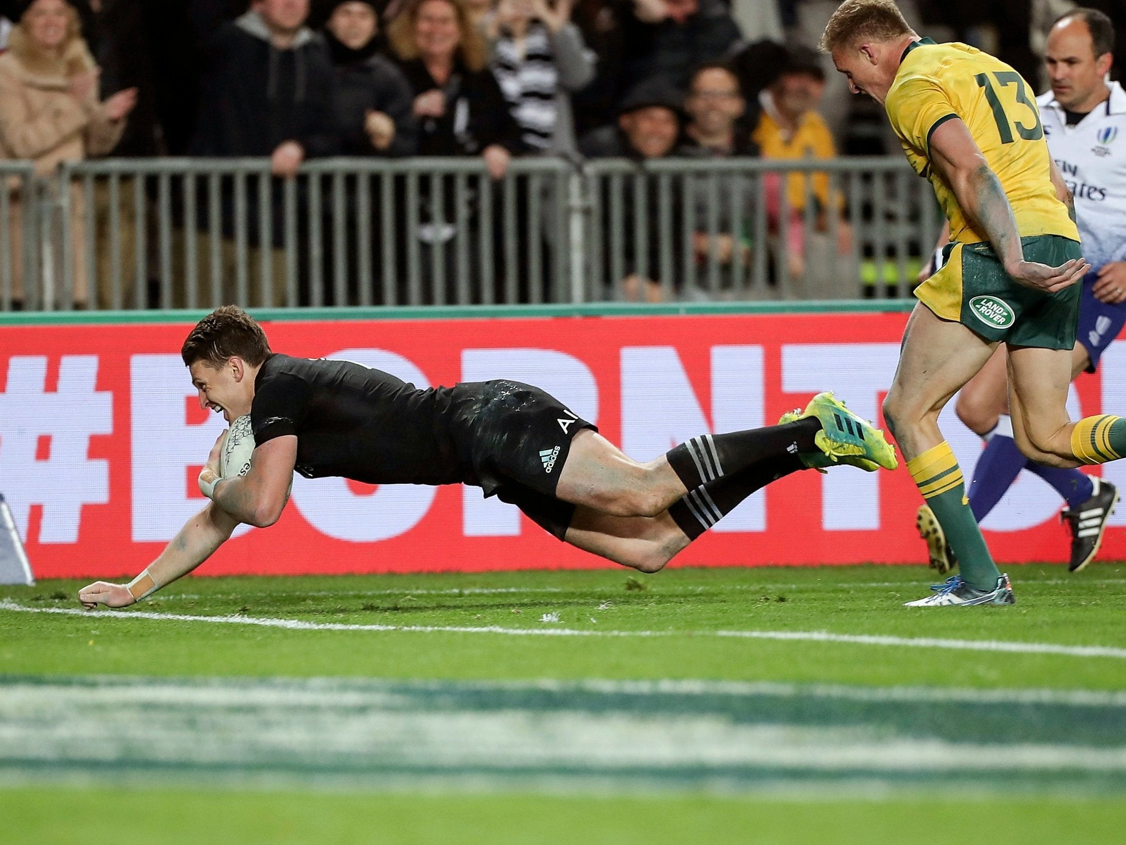 Beauden Barrett touches down in the corner