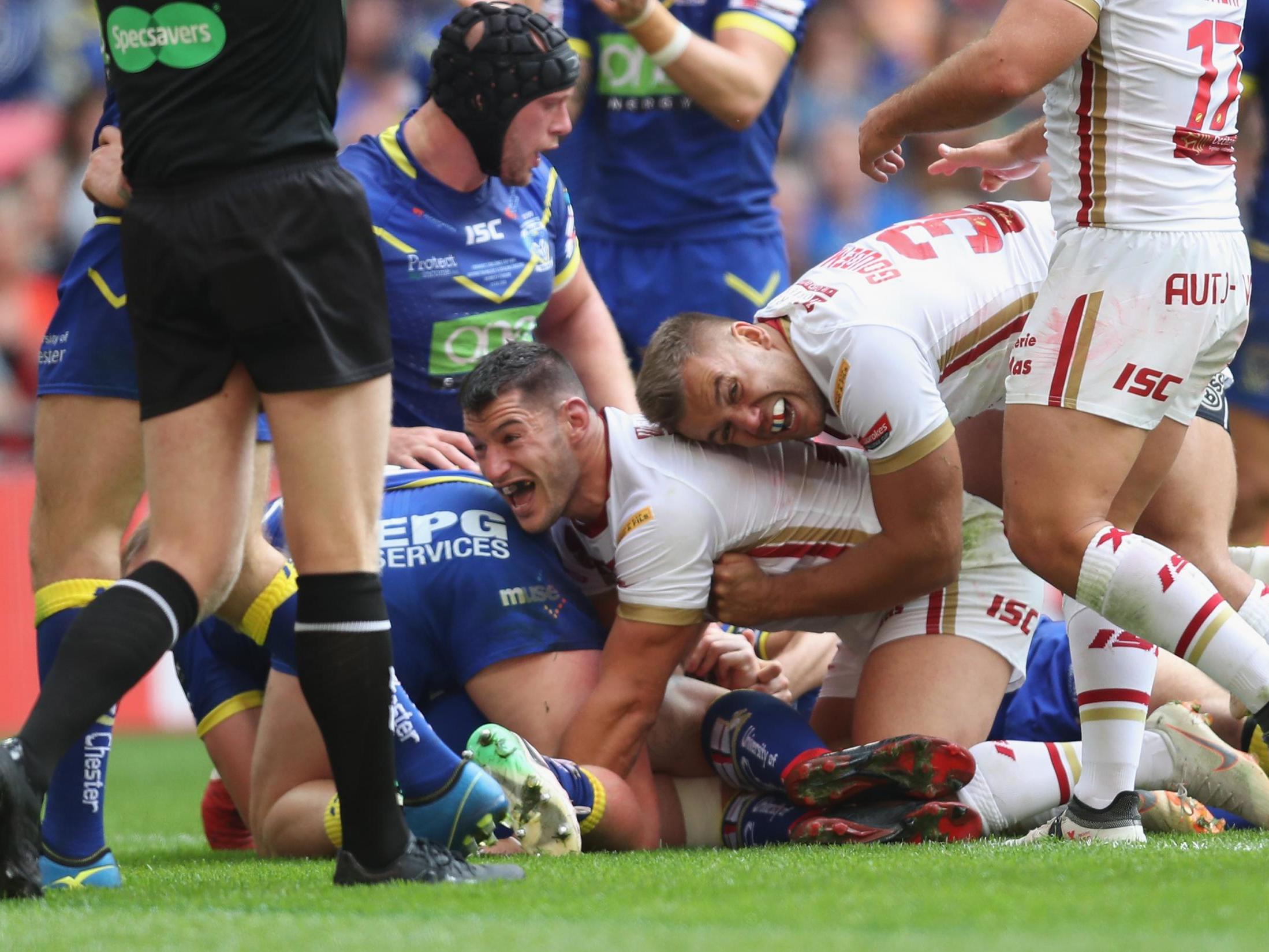 Ben Garcia celebrates scoring the Catalans' second try