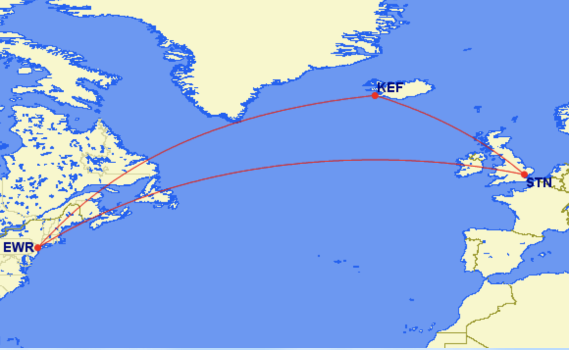 Atlantic crossing: map showing the extra distance required to fly from London Stansted (STN) to New York Newark (EWR) via Keflavik (KEF) in Iceland