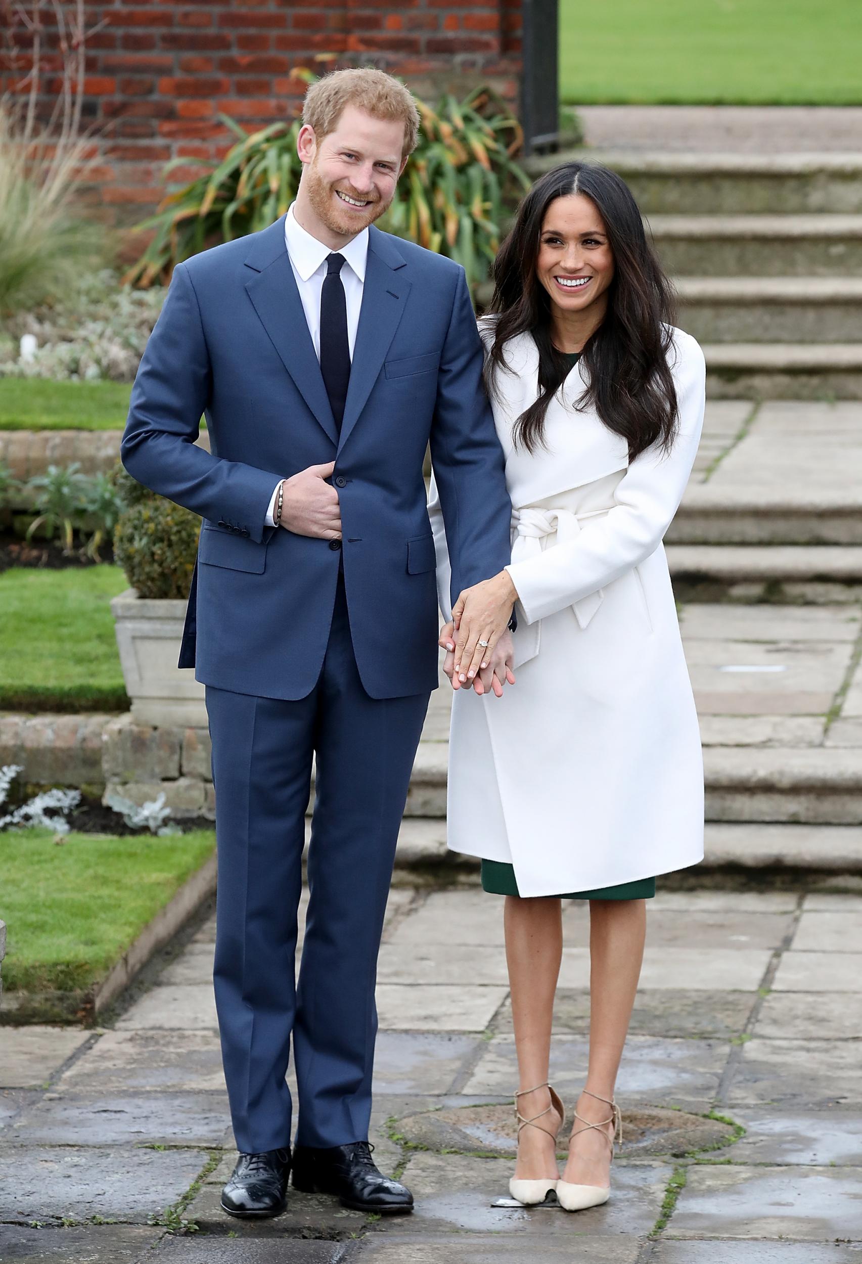 Markle opted for a white coat by Line the Label in her official engagement photos