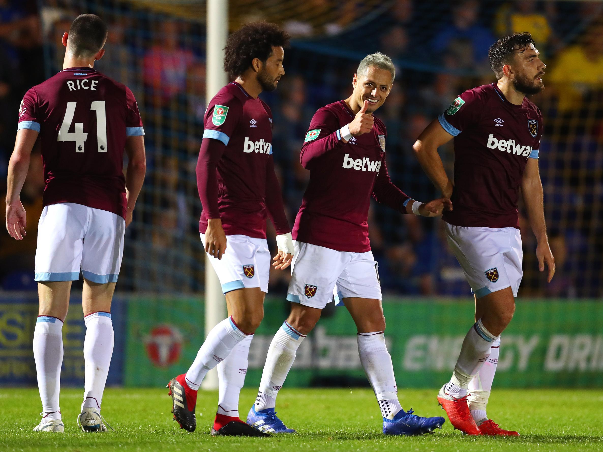 West Ham’s Javier Hernandez celebrates their third goal