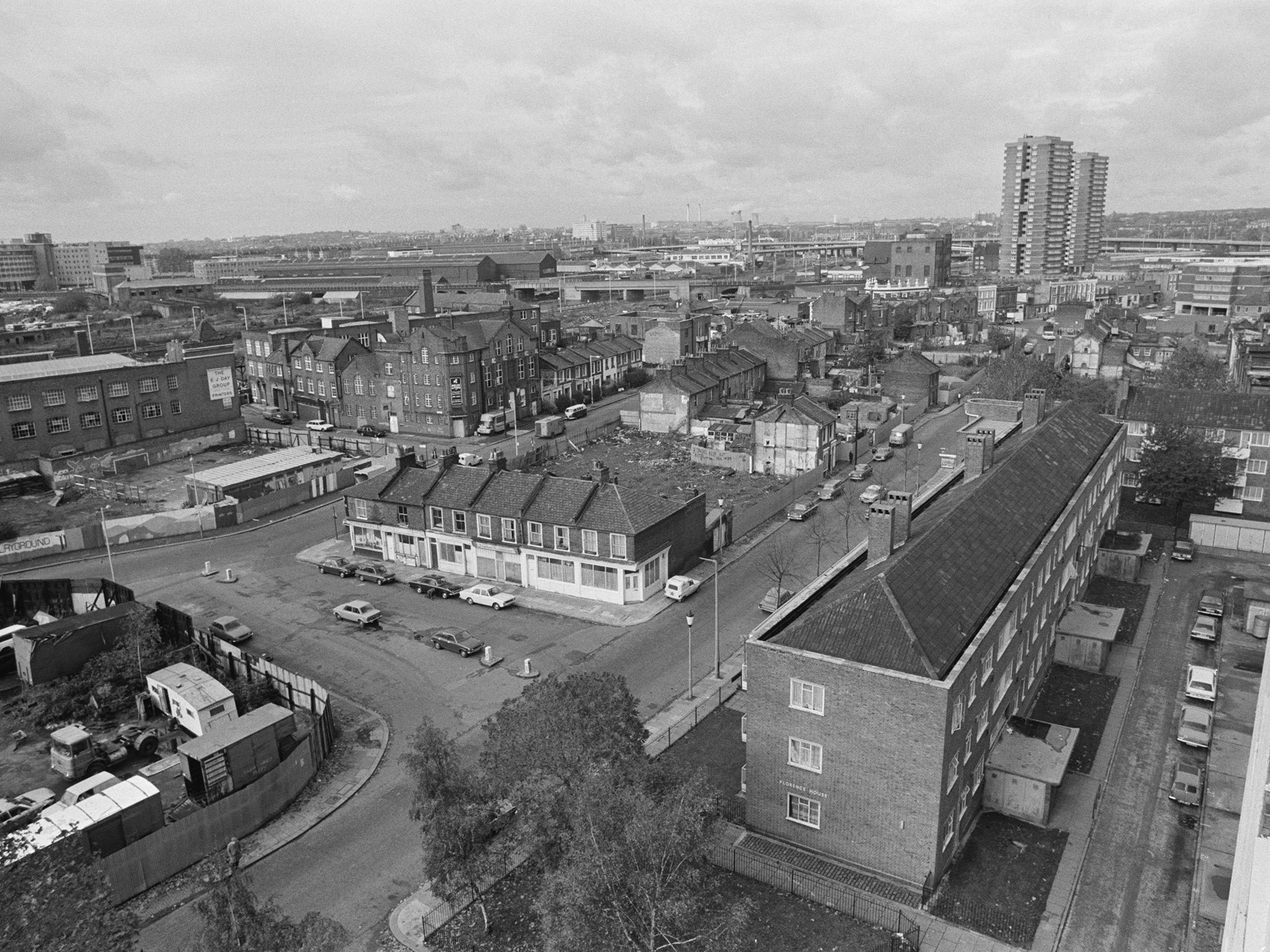 View in 1977 from above Freston Road, where squatters and activists founded housing coop and community Frestonia