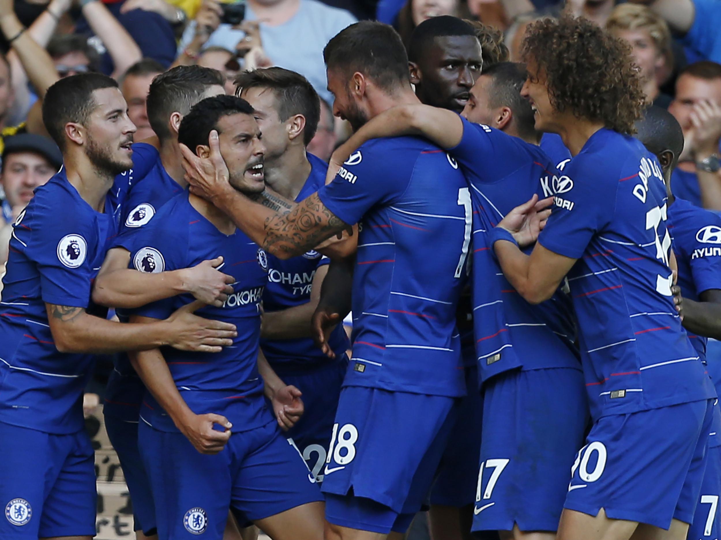 Chelsea celebrate Pedro’s second-half goal