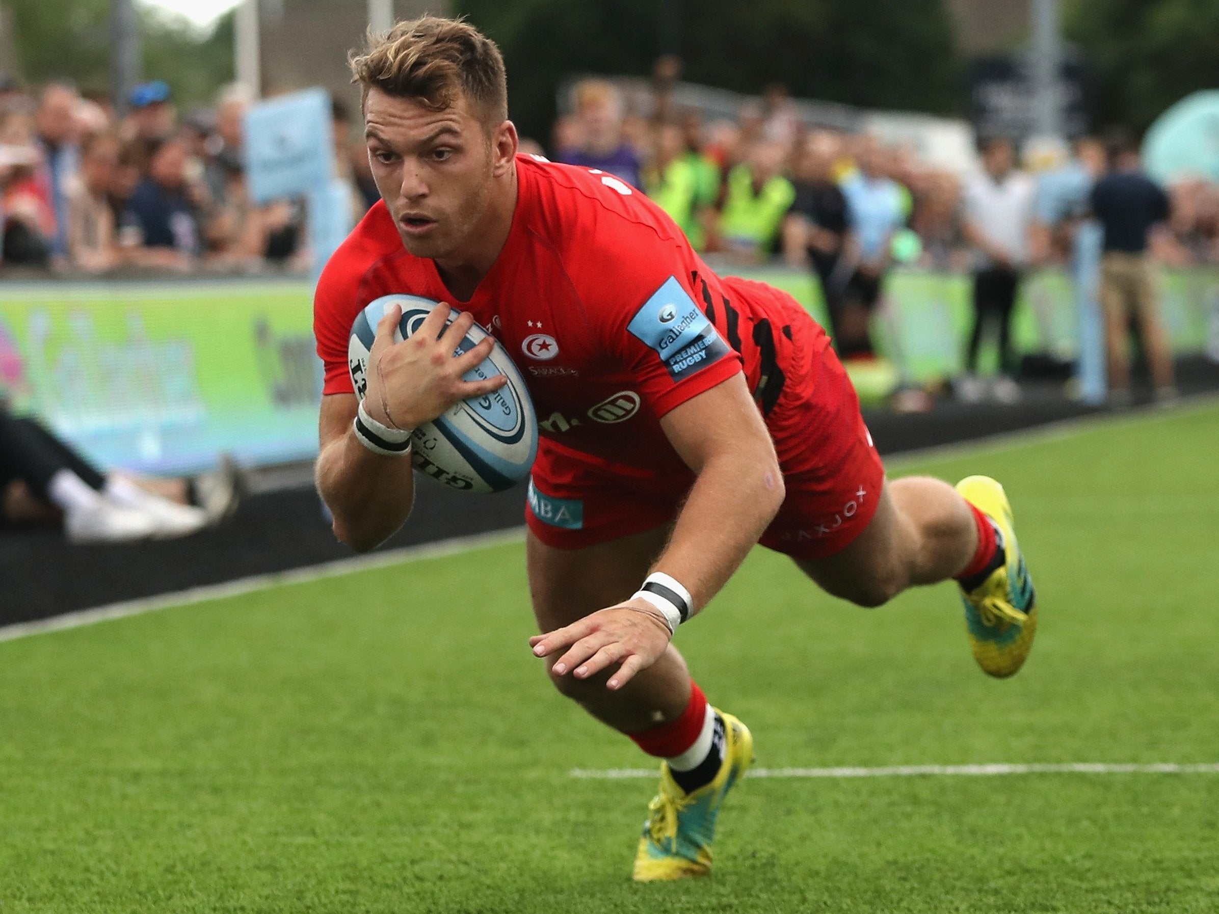 Alex Lewington scores twice for Saracens as they beat Newcastle Falcons 32-21