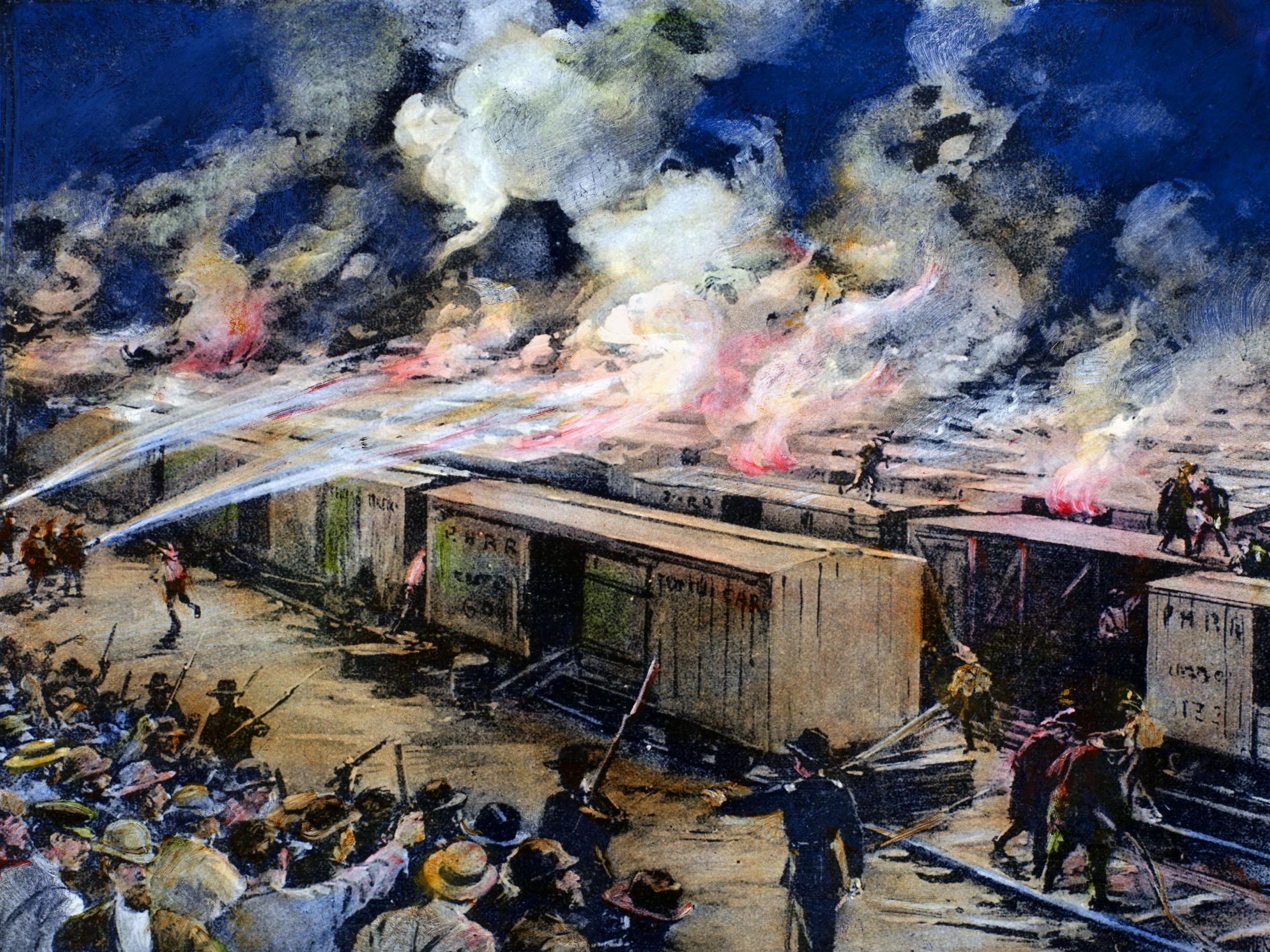 Contemporary American newspaper illustration of freight cars being set alight during the Pullman Strike of 1894