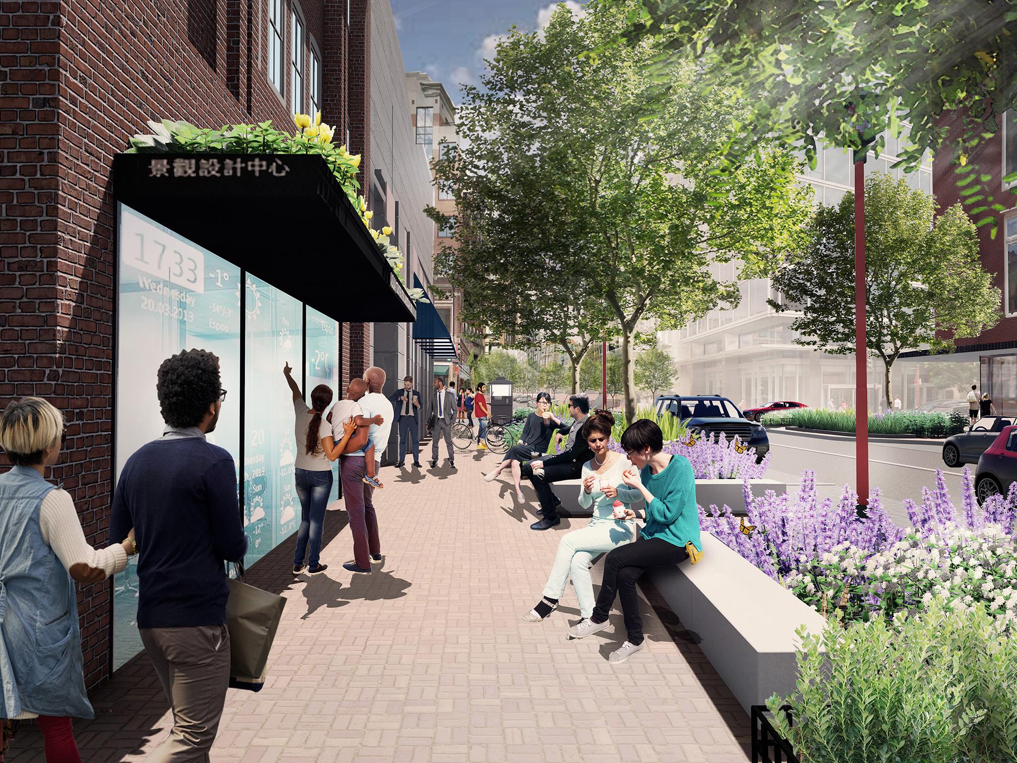 &#13;
Seating areas and bike racks will make the area more pleasant for pedestrians and cyclists while also protecting them from a vehicle coming onto the sidewalk &#13;