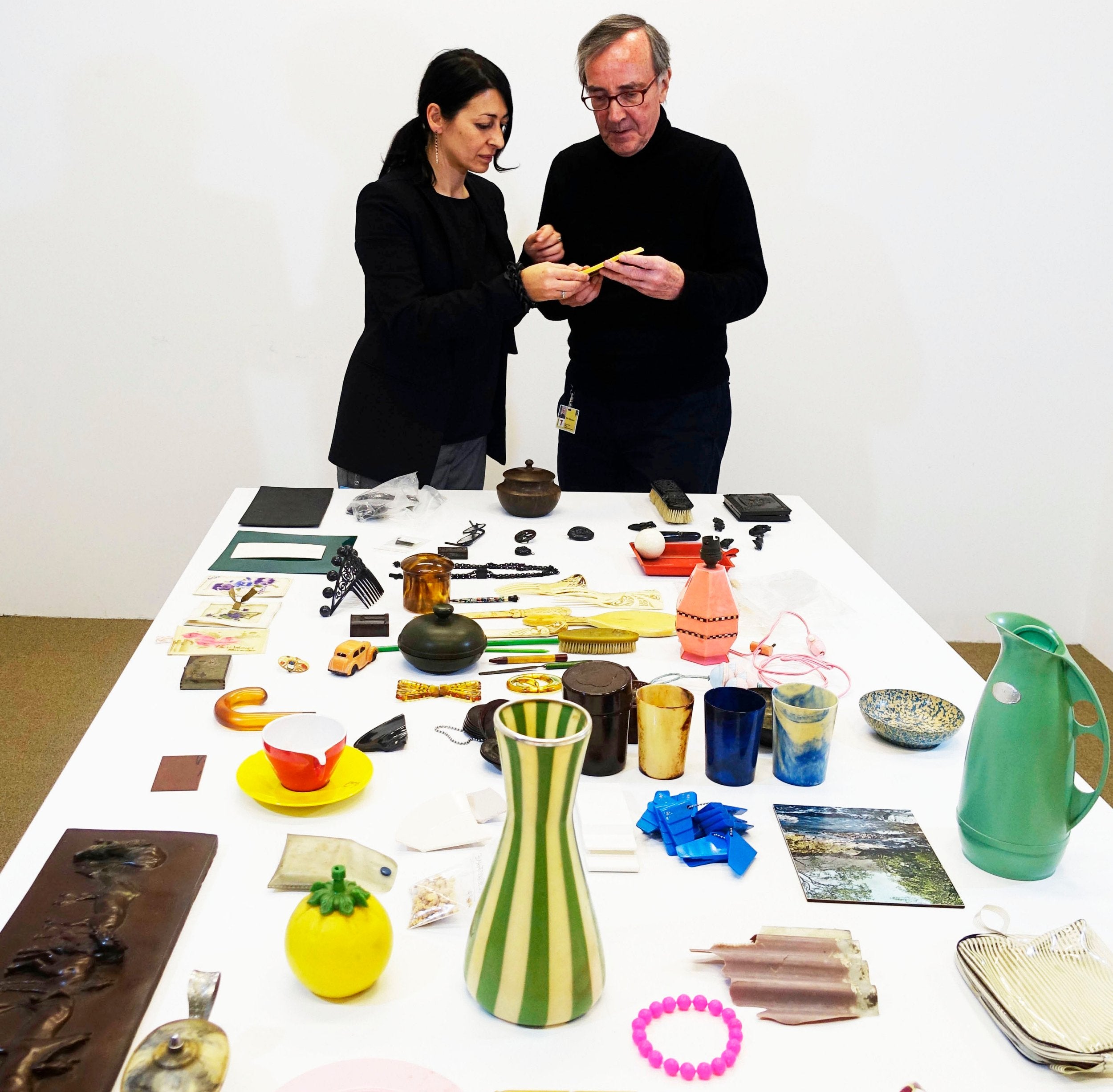 Itemised: Anna Lagana and Collin Williamson examine objects donated to the Plastics Reference Collection (J Paul Getty Trust)