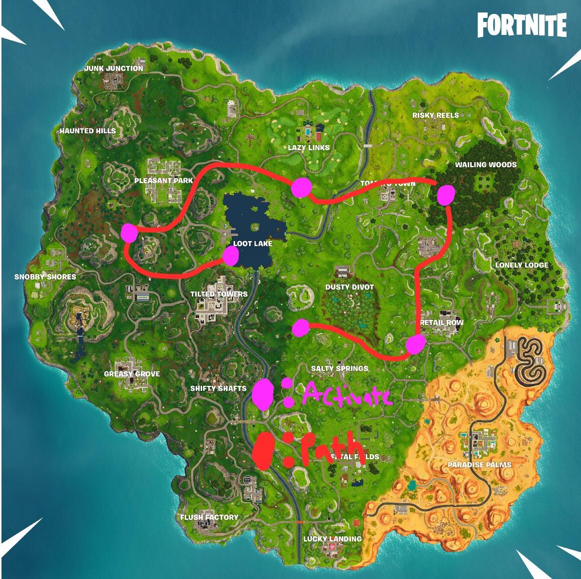 A map of the path the purple cube is expected to take on the Fortnite island