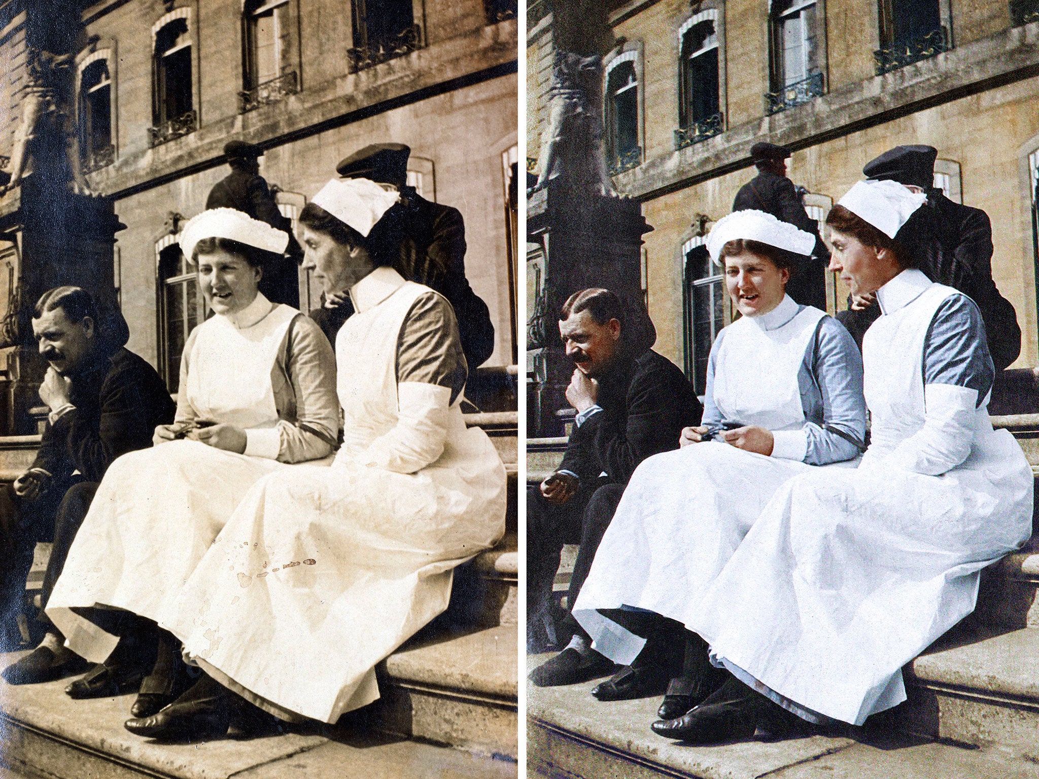 Nurses sit on the steps of the house