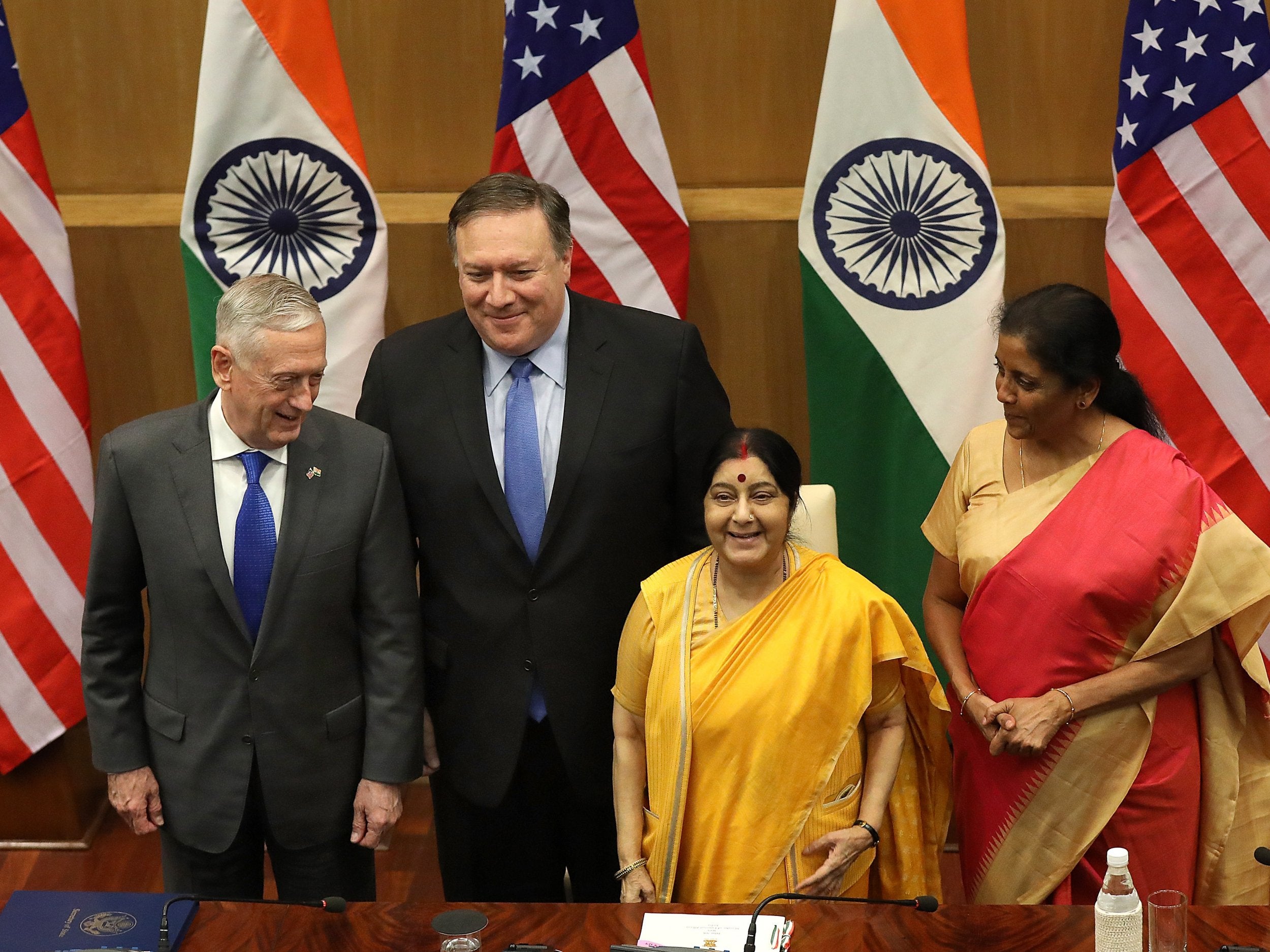 US Secretary of Defence Jim Mattis (L), US Secretary of State Mike Pompeo (2-L), Indian Foreign Minister Sushma Swaraj (2-R) and Indian Defence Minister Nirmala Sitharaman (R) pose for a photo after their meeting in Delhi