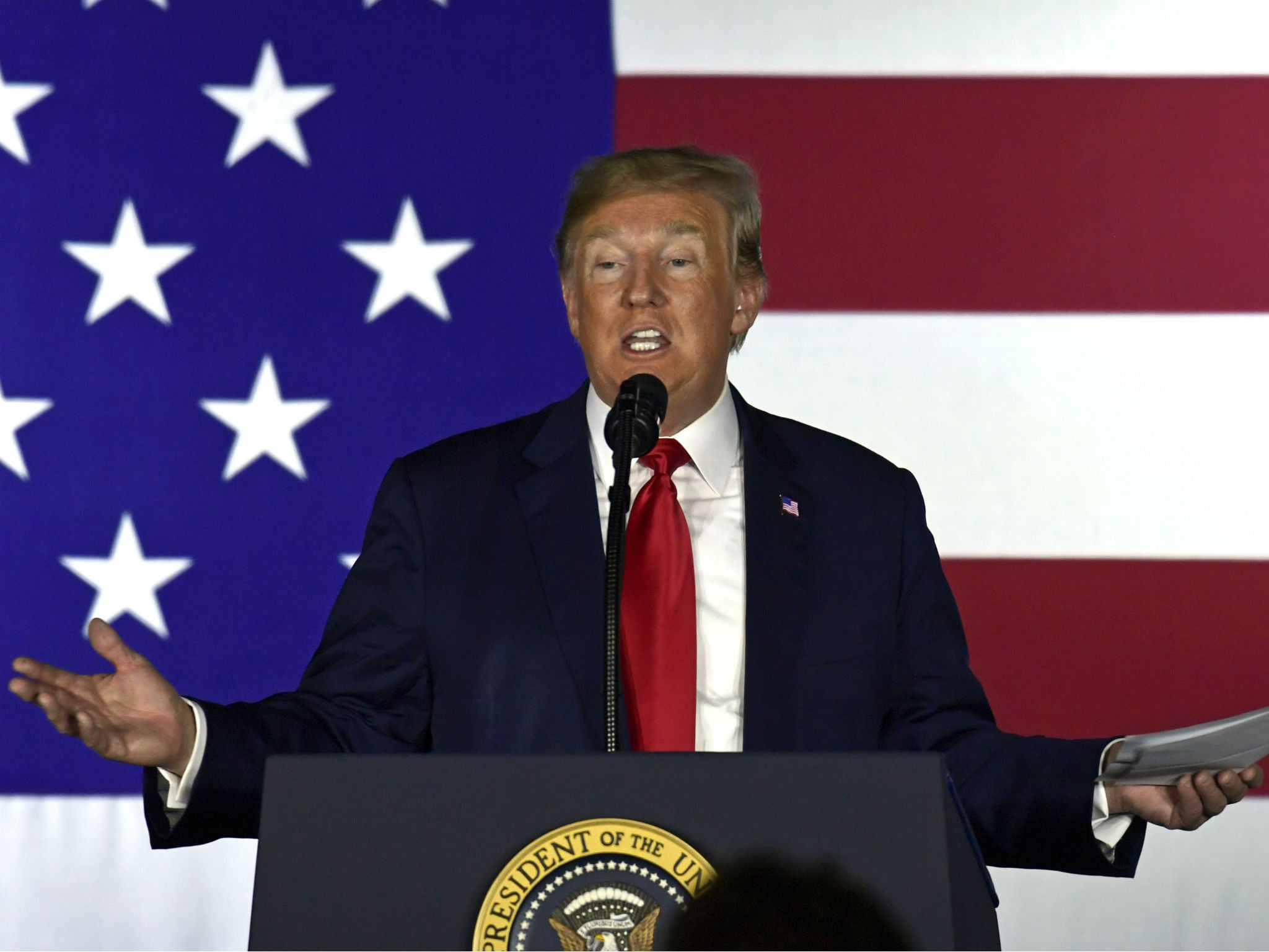 President Donald Trump speaks at a fundraiser in Fargo, North Dakota