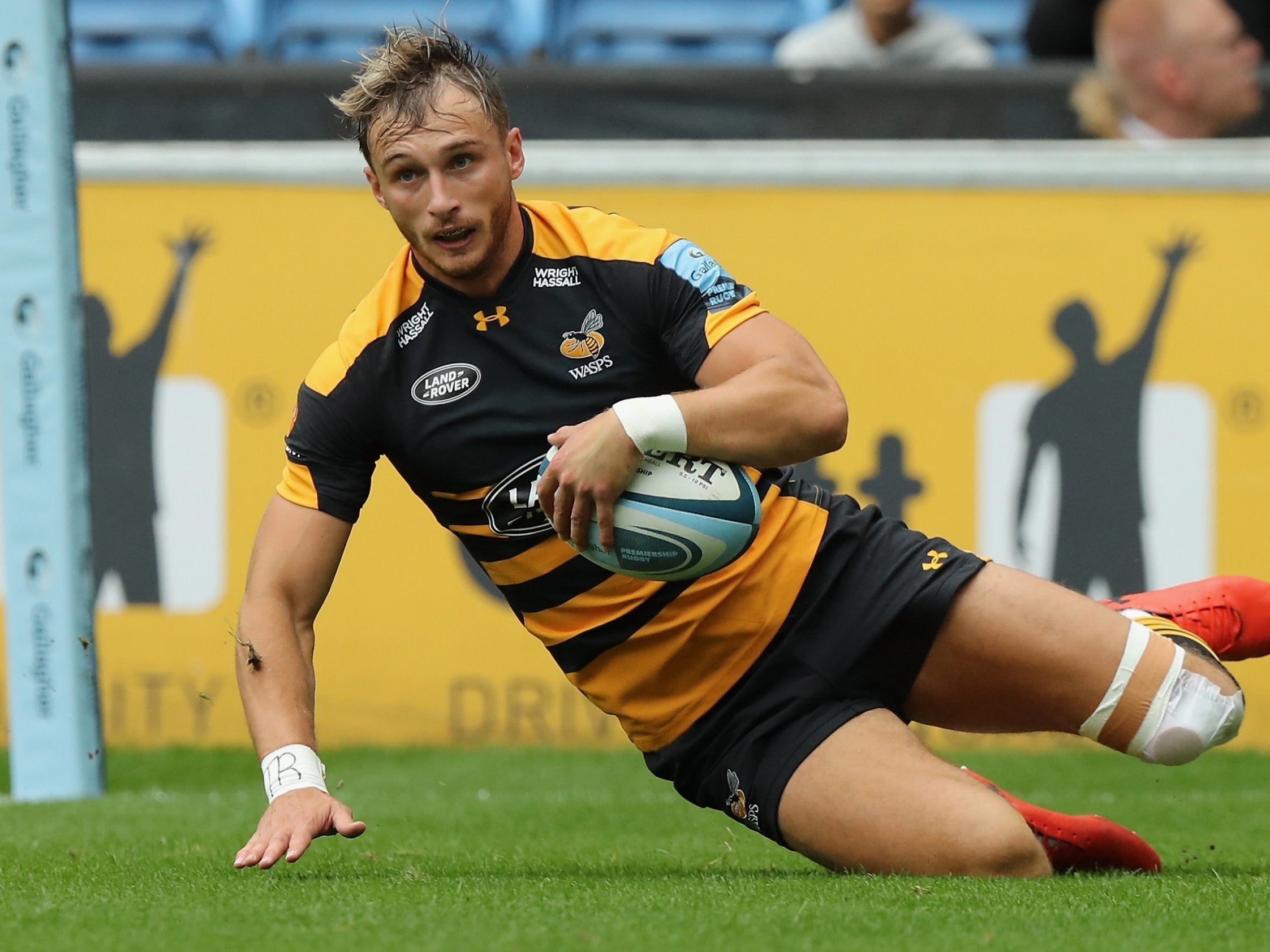 Josh Bassett dots the ball down to score a try for Wasps