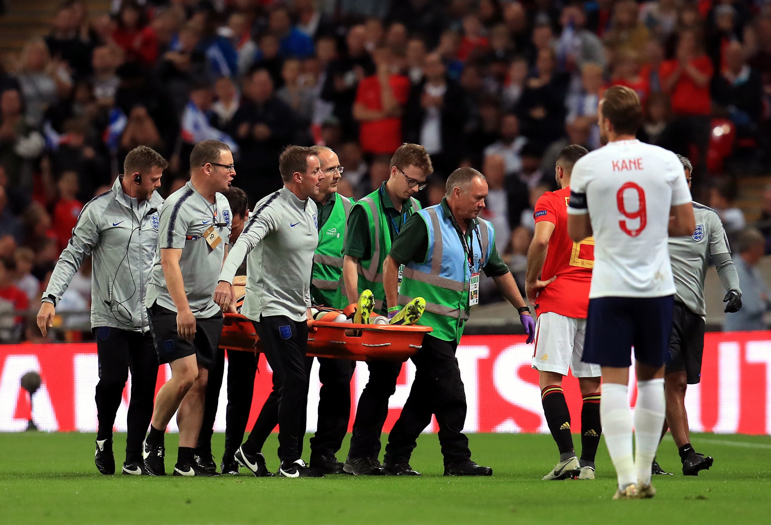 Luke Shaw was carried off on a stretcher after a nasty collision in the second half