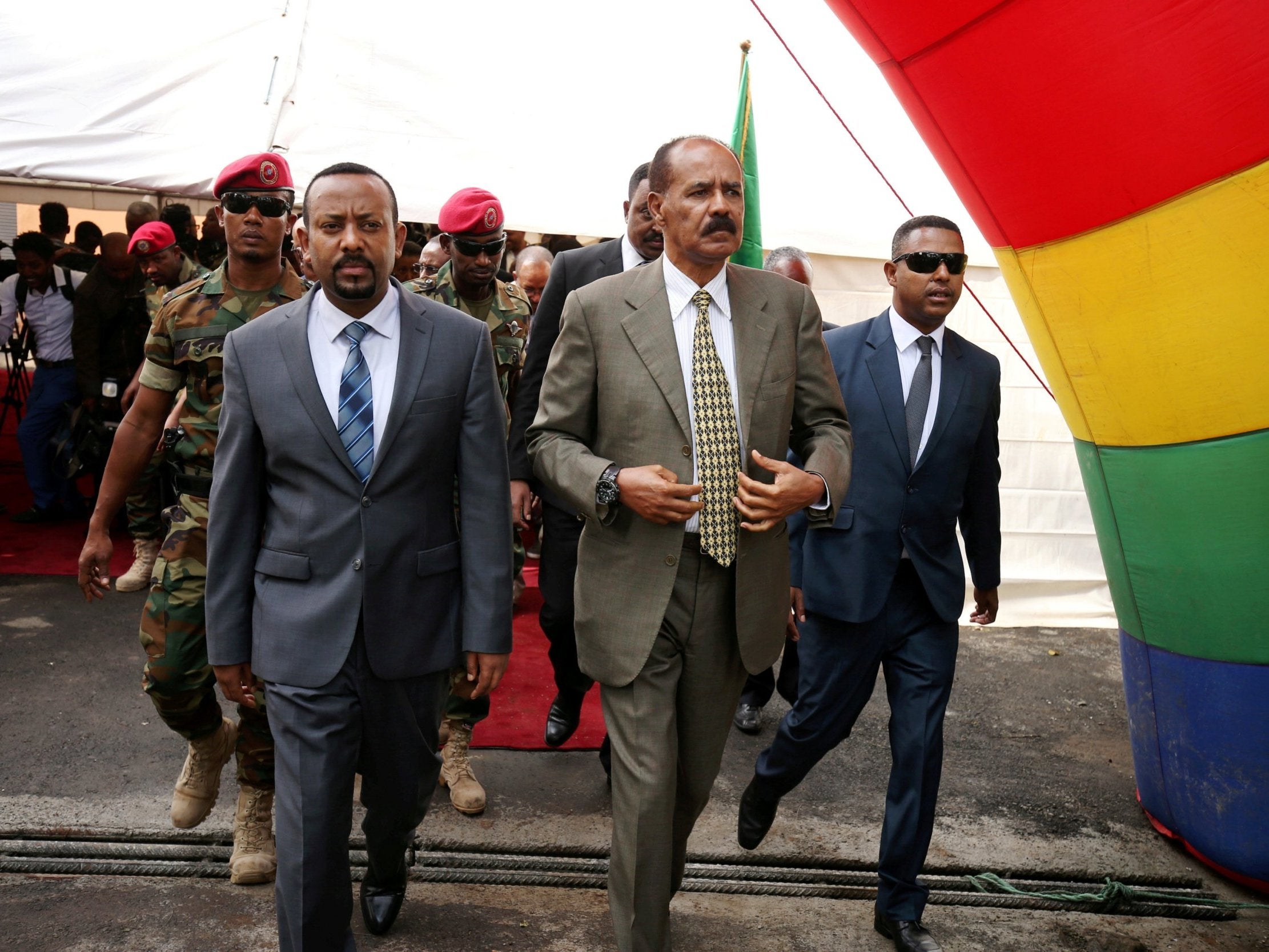 Eritrea's president and Ethiopia's prime minister arrive for an inauguration ceremony marking the reopening of the Eritrean embassy in Addis Ababa, Ethiopia in July