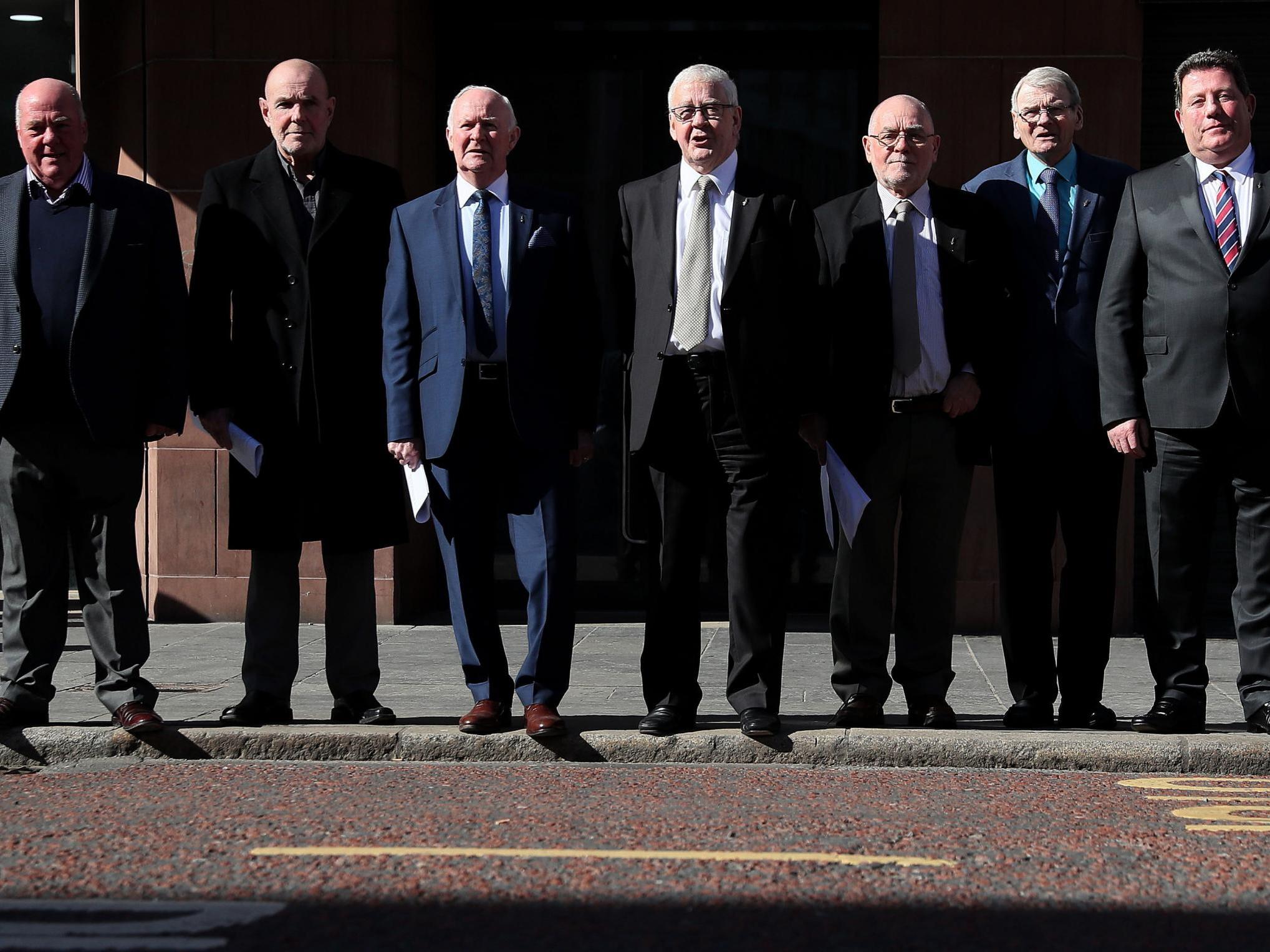 Seven of 'The Hooded Men' pictured in Belfast in June 2018. From left to right: Jim Auld, Patrick McNally, Liam Shannon, Francie McGuigan, Davy Rodgers, Brian Turley and Joe Clarke