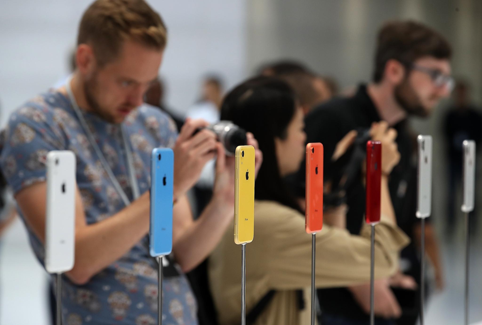 The new Apple iPhone XR is displayed during an Apple special event at the Steve Jobs Theatre on September 12, 2018 in Cupertino, California