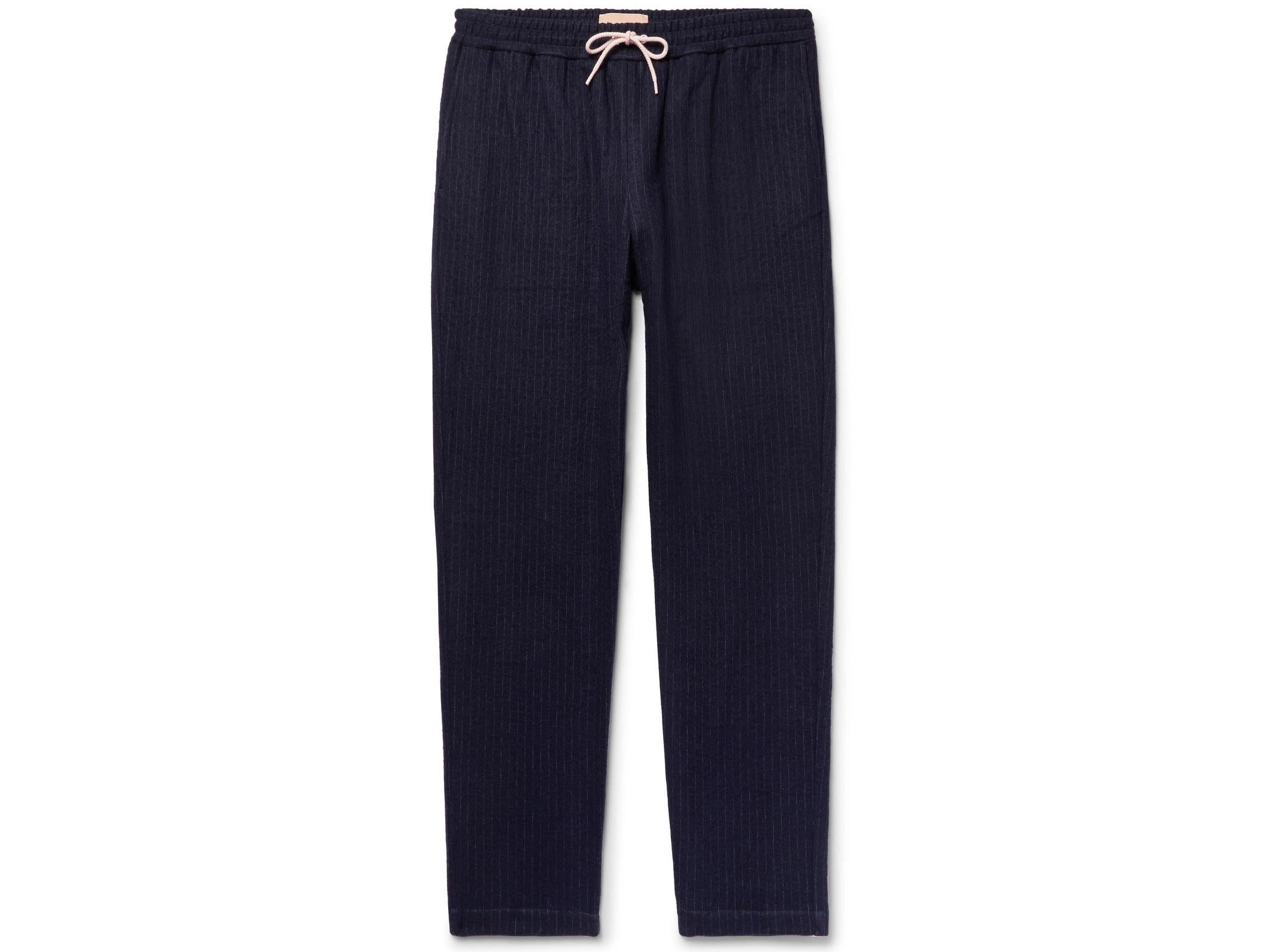 De Bonne Facture, Tapered Pinstripe Cotton and Wool-Blend Drawstring Trousers, £310, Mr Porter