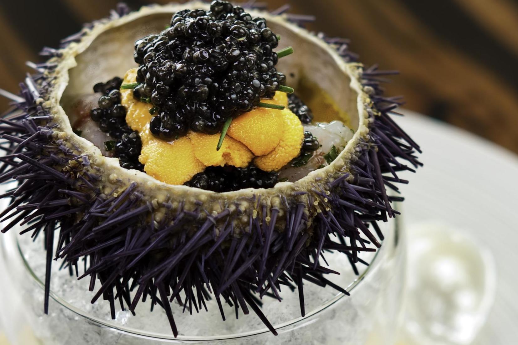 The marinated Botan shrimp with sea urchin is a signature dish at Waku Ghin