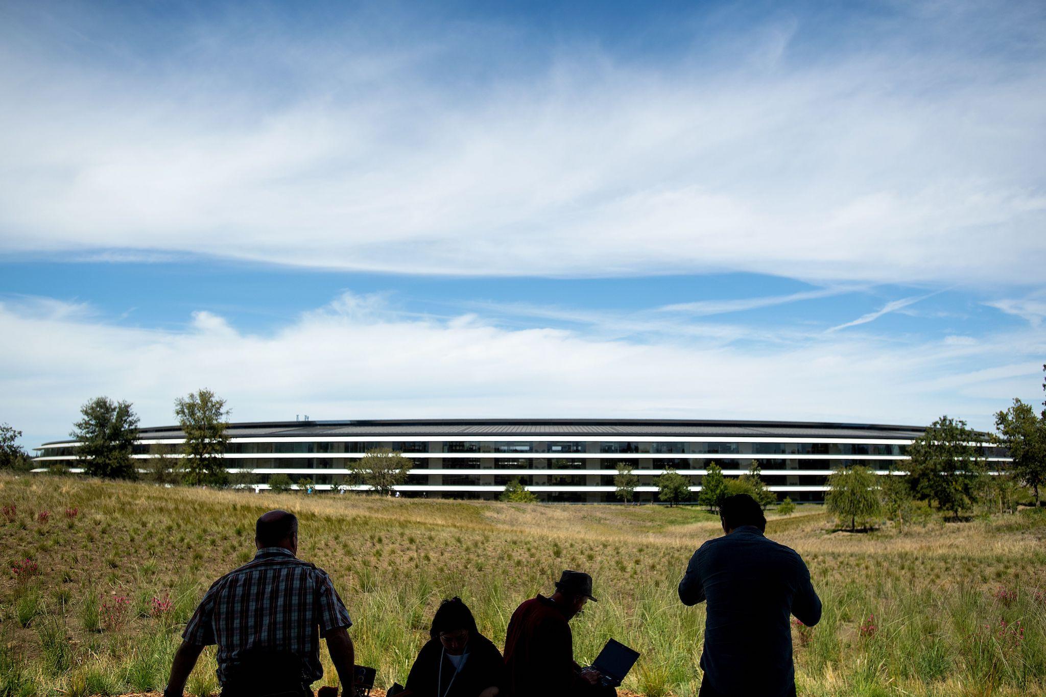 Journalists gather for a product launch event at Apple headquarters in Cupertino, California, on September 12, 2018