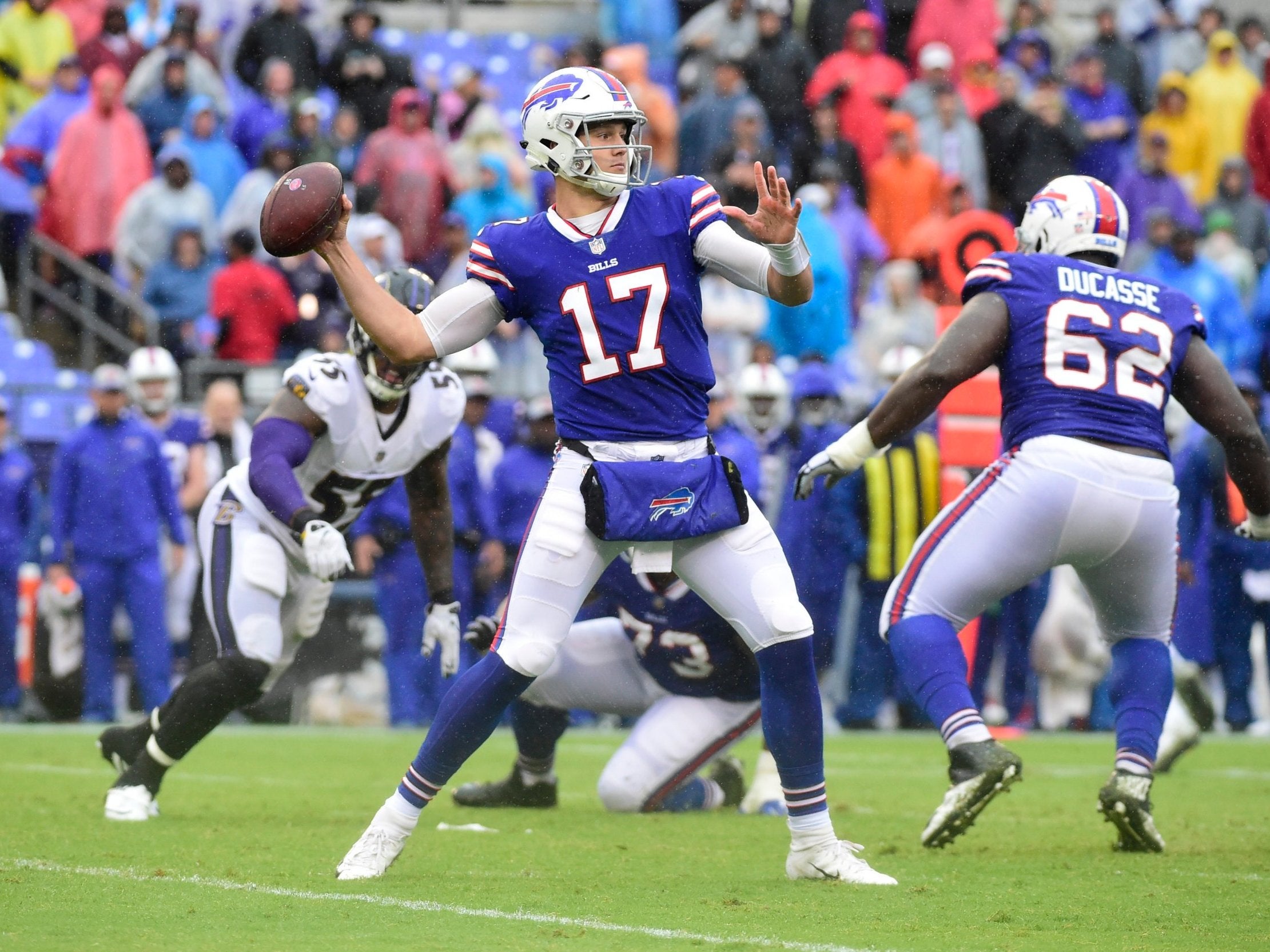 Josh Allen drops back to throw a pass against the Baltimore Ravens