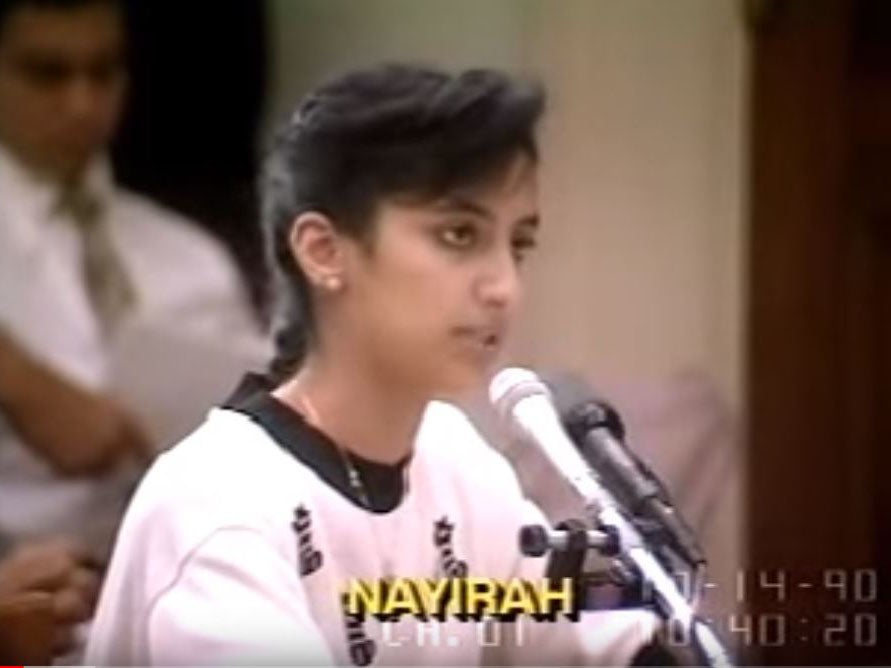 ‘Nayirah’ from Kuwait claims Iraqi soldiers tipped babies out of incubators, 1990