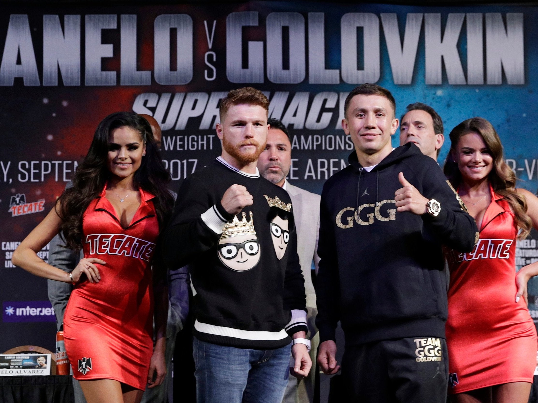Saul Alvarez and Gennady Golovkin pose in Vegas this week