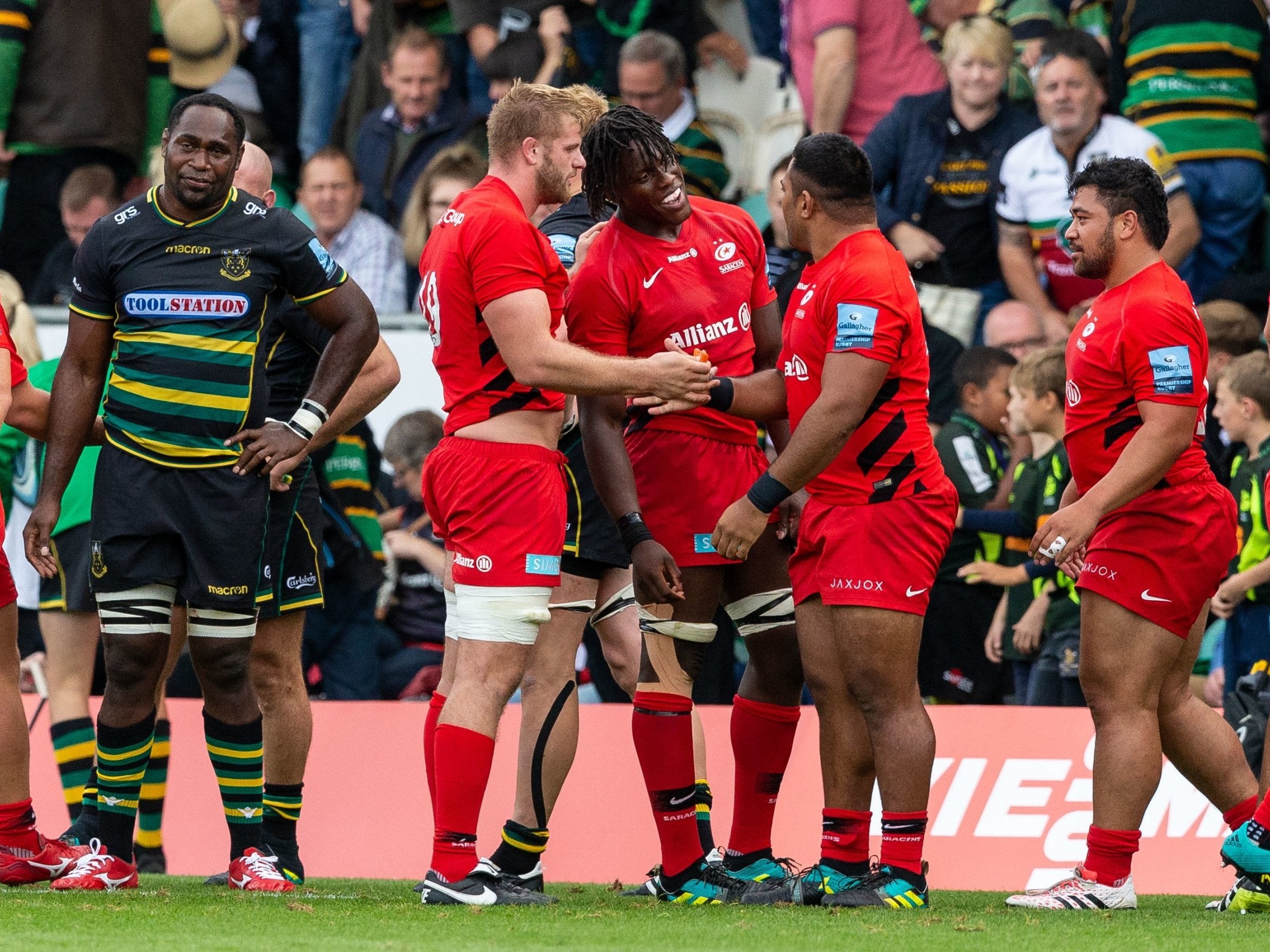 Saracens celebrate their victory over Northampton Saints