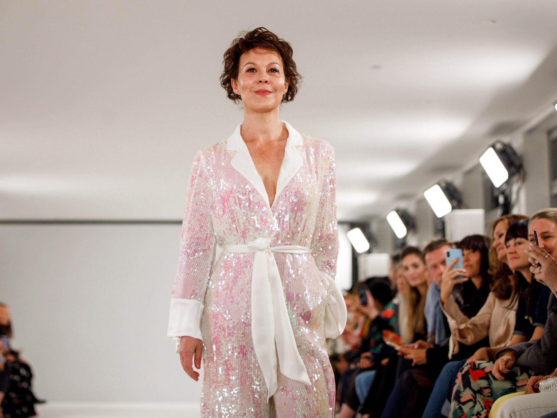 British actress Helen McCrory presents a creation by Temperley London