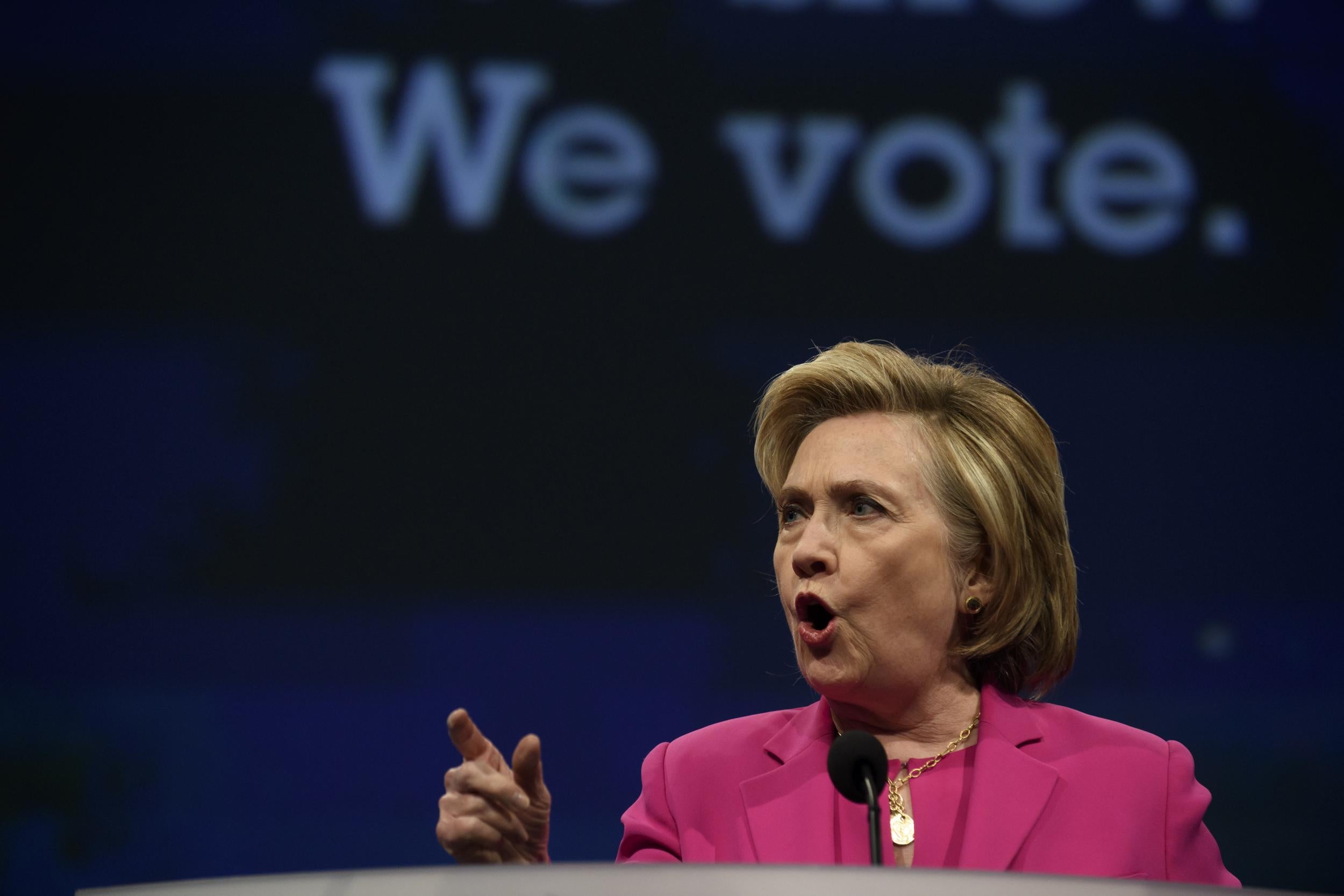 Hillary Clinton speaks to the audience at the annual convention of the American Federation of Teachers