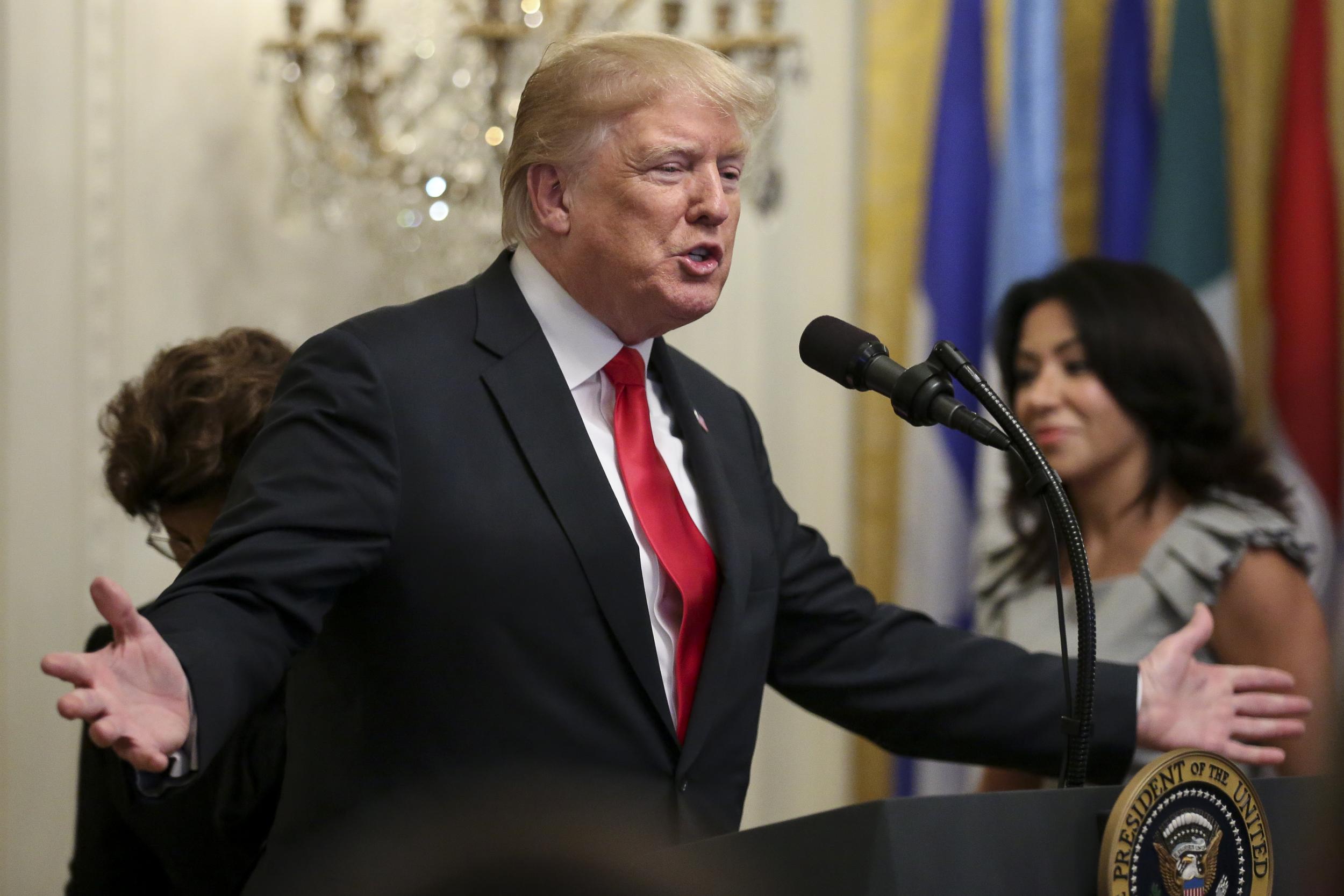 President Donald Trump speaks during the Hispanic Heritage Month Celebration in the East Room of the White House