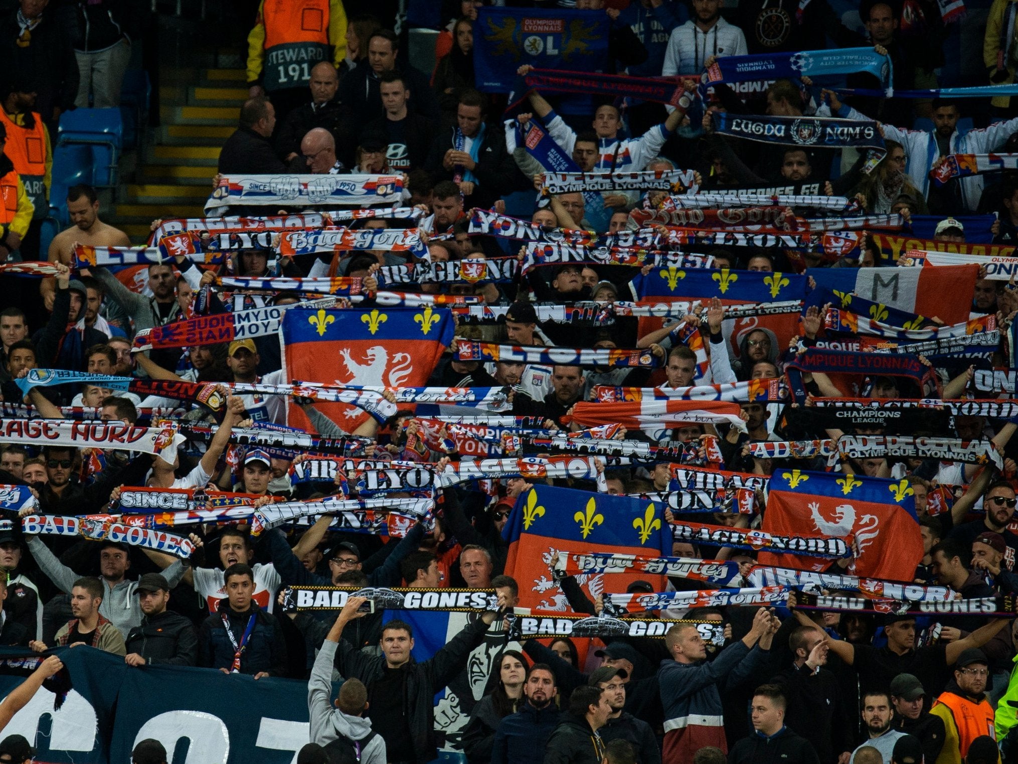 Lyon fans at the Etihad Stadium during their win over Manchester City