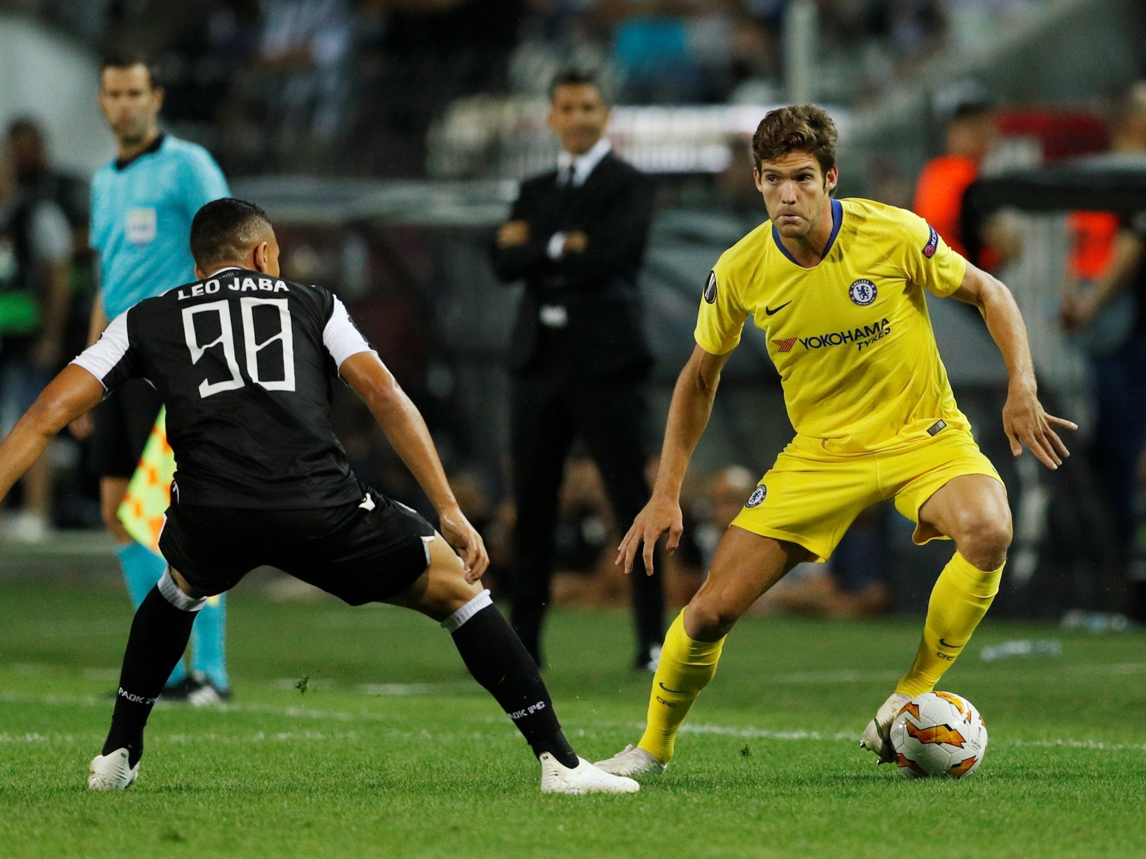 Marcos Alonso in action for Chelsea during the first half (REUTERS)