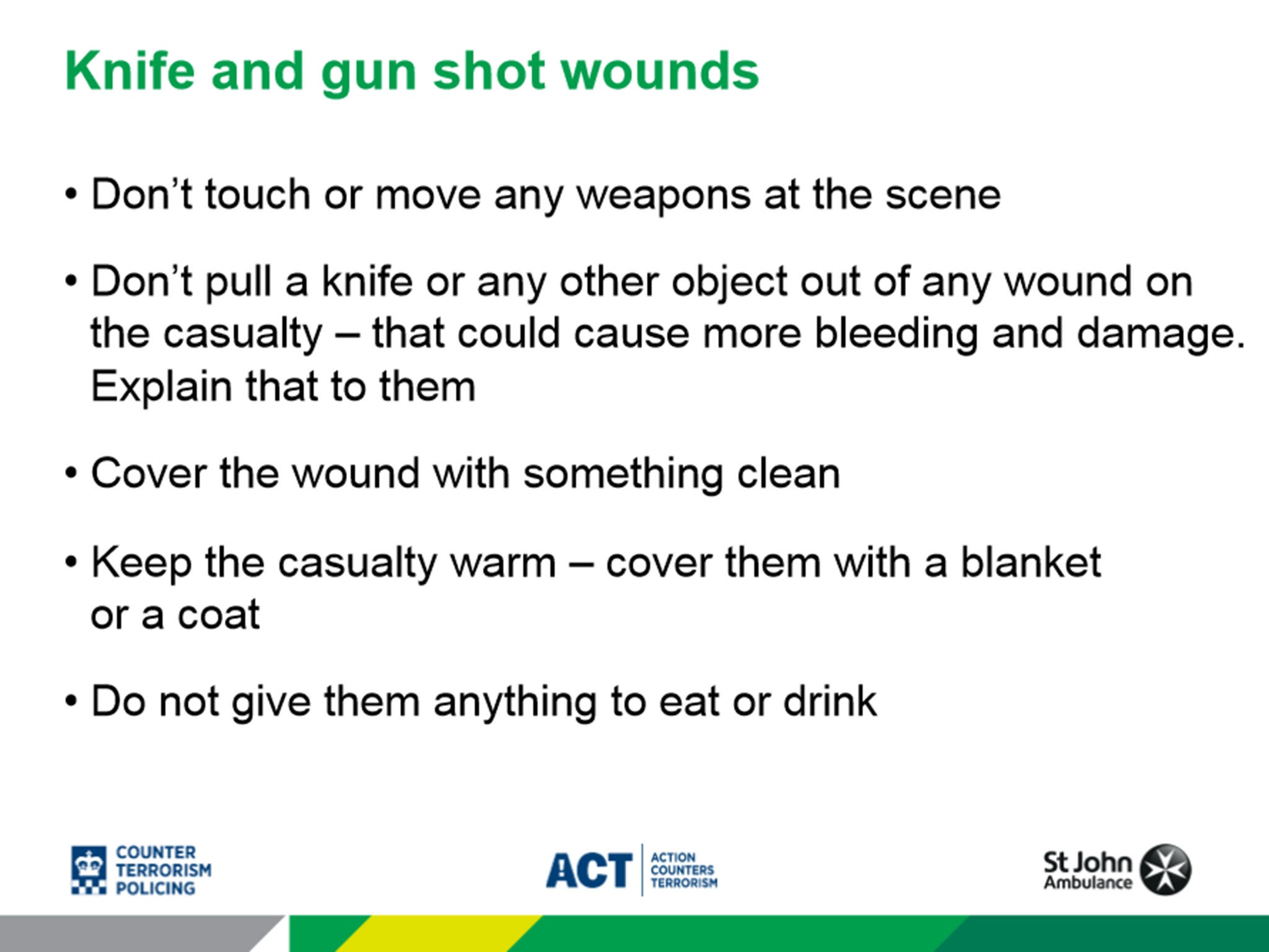 One of the slides from a first aid training presentation on terror attacks that is being rolled out by police