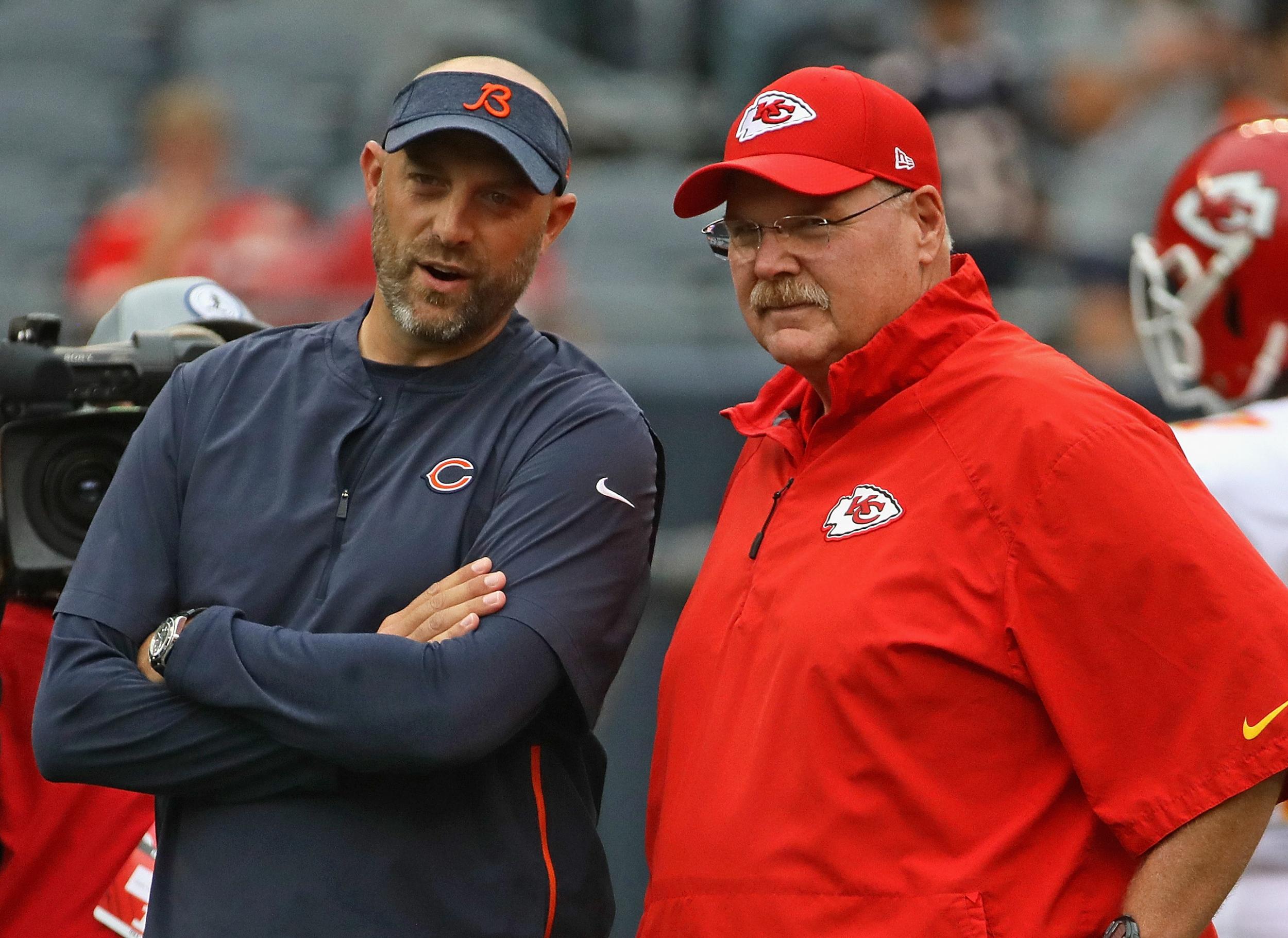 Matt Nagy (l) speaks to former mentor Andy Reid (r) - both have enjoyed impressive starts to the new NFL season